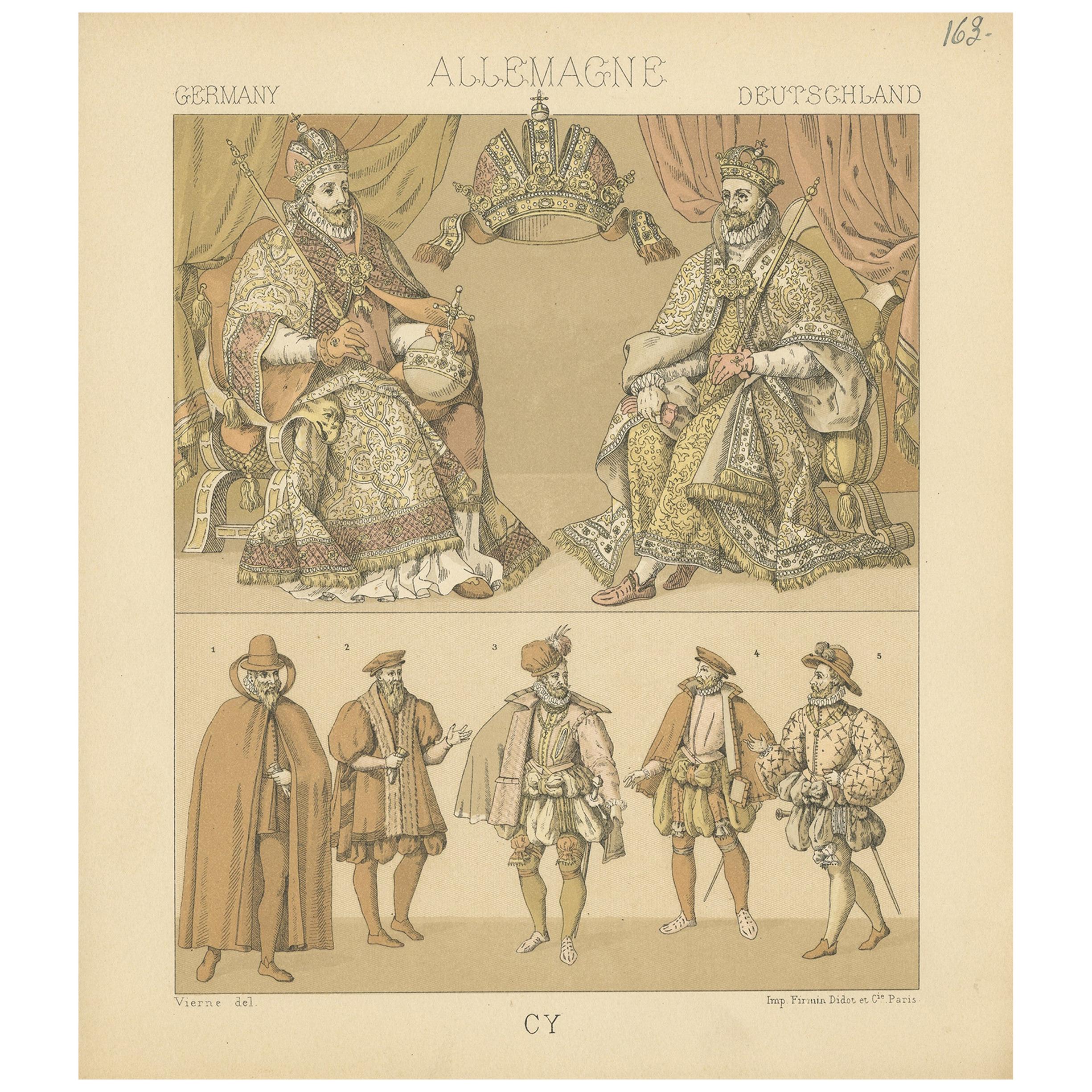163 Antique Print of German Royalty Outfits by Racinet, 'circa 1880' For Sale