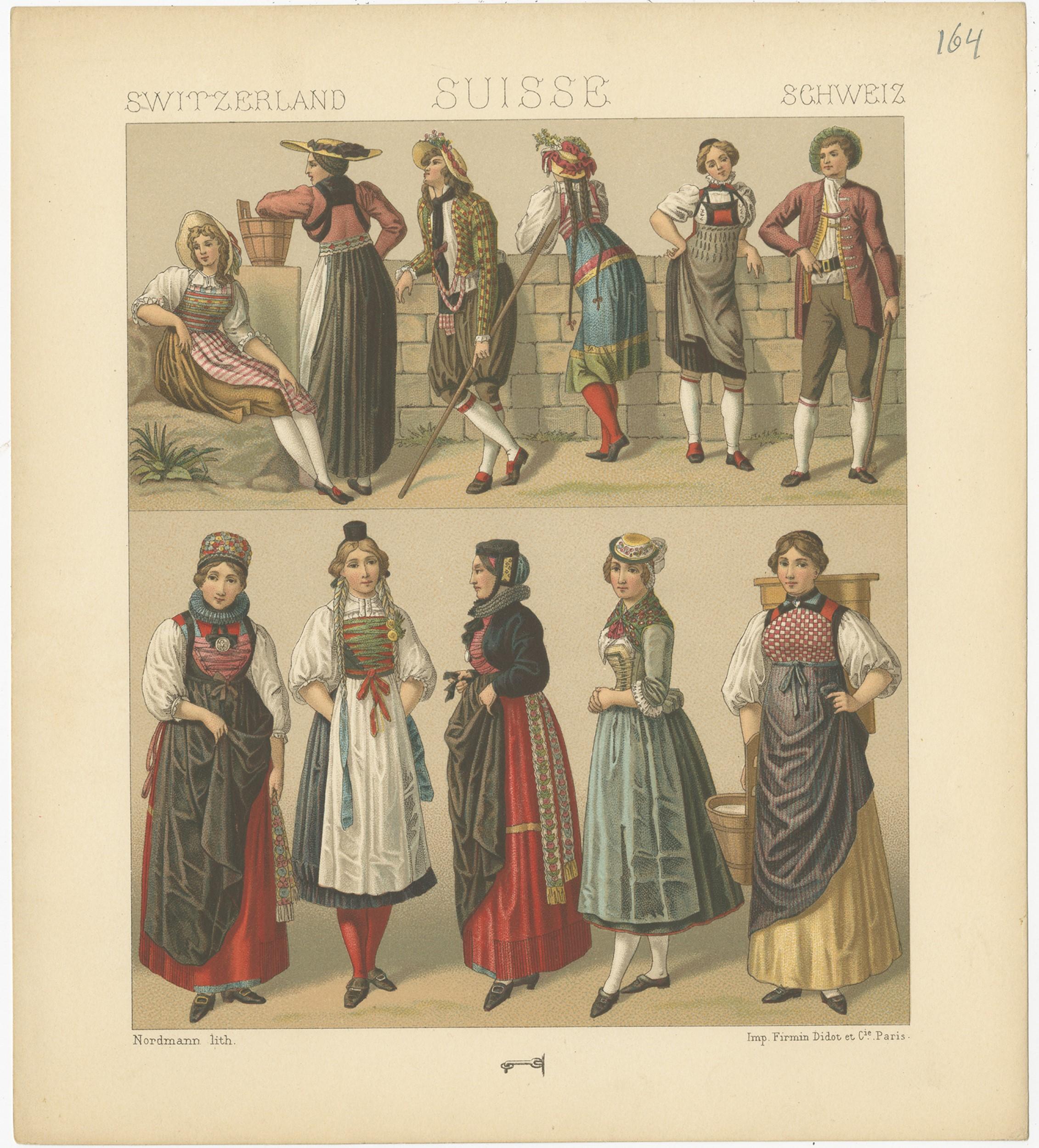 Antique print titled 'Switzerland - Suisse - Schweiz'. Chromolithograph of Swiss Women's Outfits. This print originates from 'Le Costume Historique' by M.A. Racinet. Published, circa 1880.

 