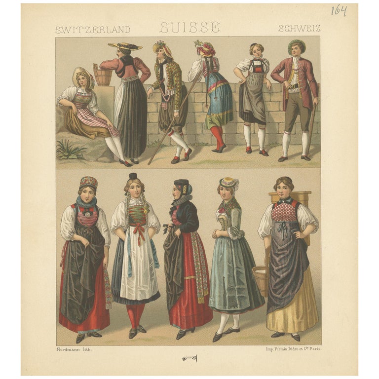 Pl. 164 Antique Print of Swiss Women's Outfits by Racinet, 'circa 1880 ...