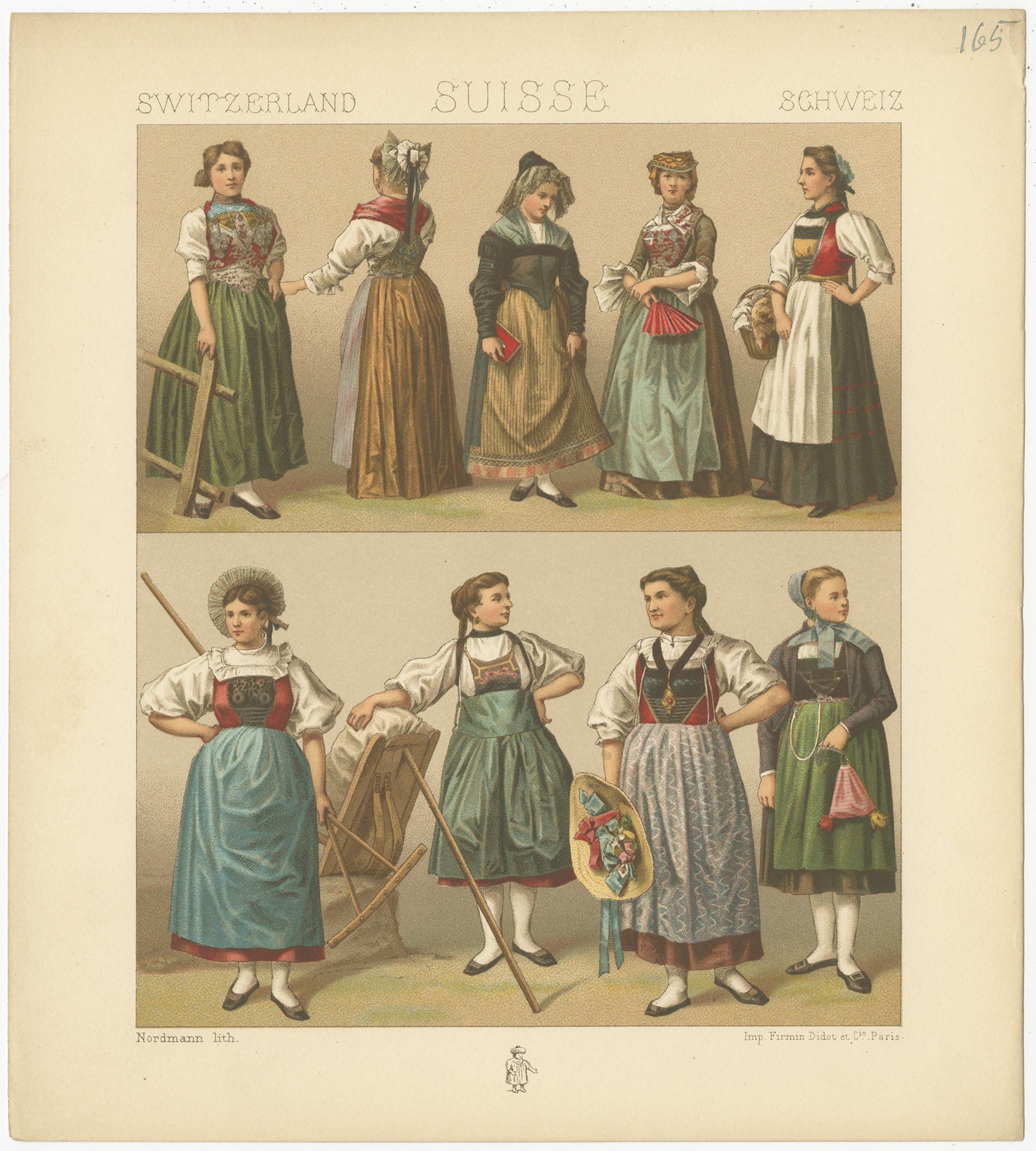 Antiker Druck mit dem Titel 'Schweiz - Suisse - Schweiz'. Chromolithographie von Schweizer Frauenkleidern. Dieser Druck stammt aus 