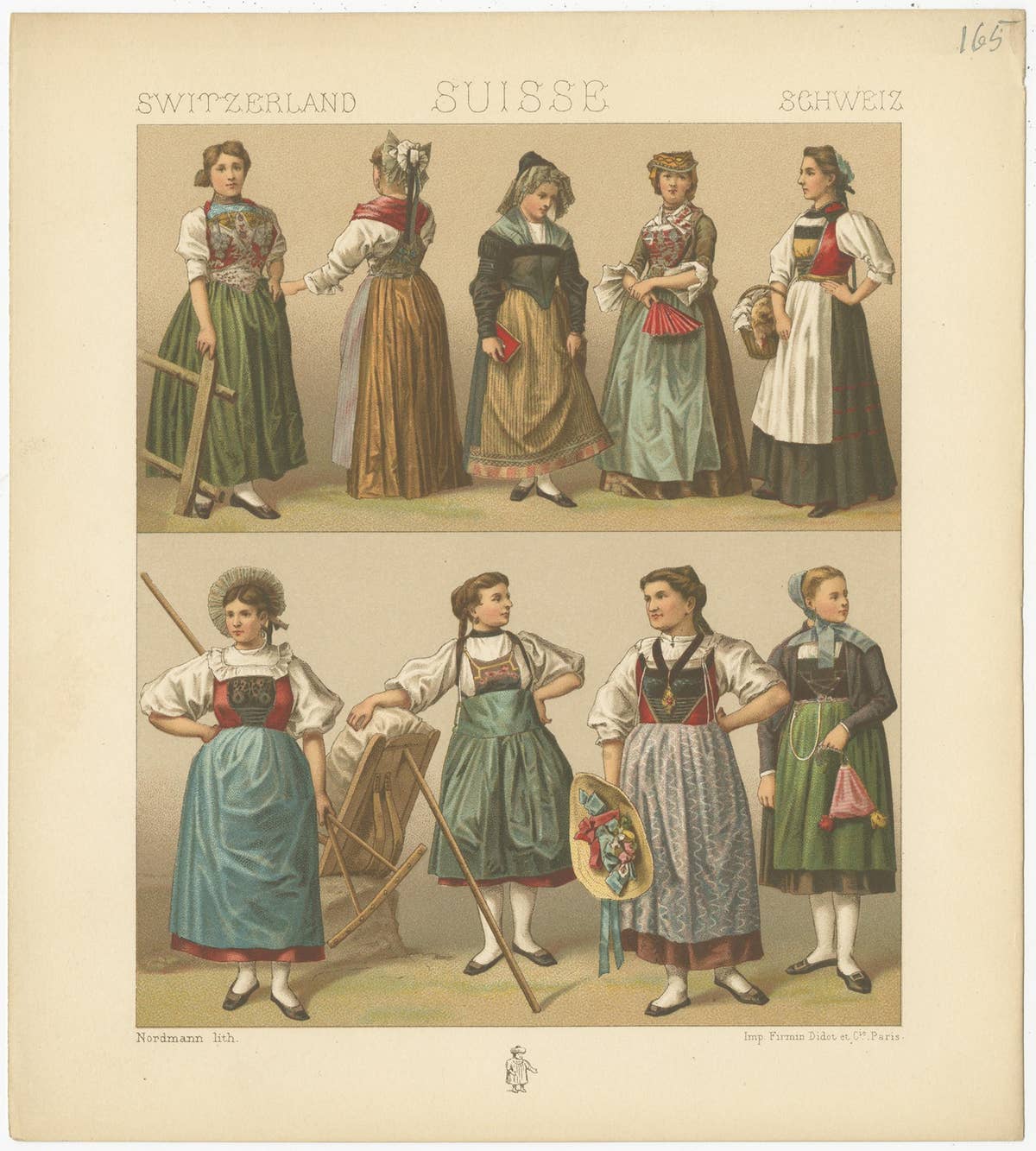 Pl. 165 Antique Print of Swiss Women's Outfits by Racinet, 'circa 1880'