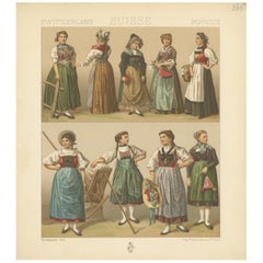 Pl. 165 Antique Print of Swiss Women's Outfits by Racinet, 'circa 1880'