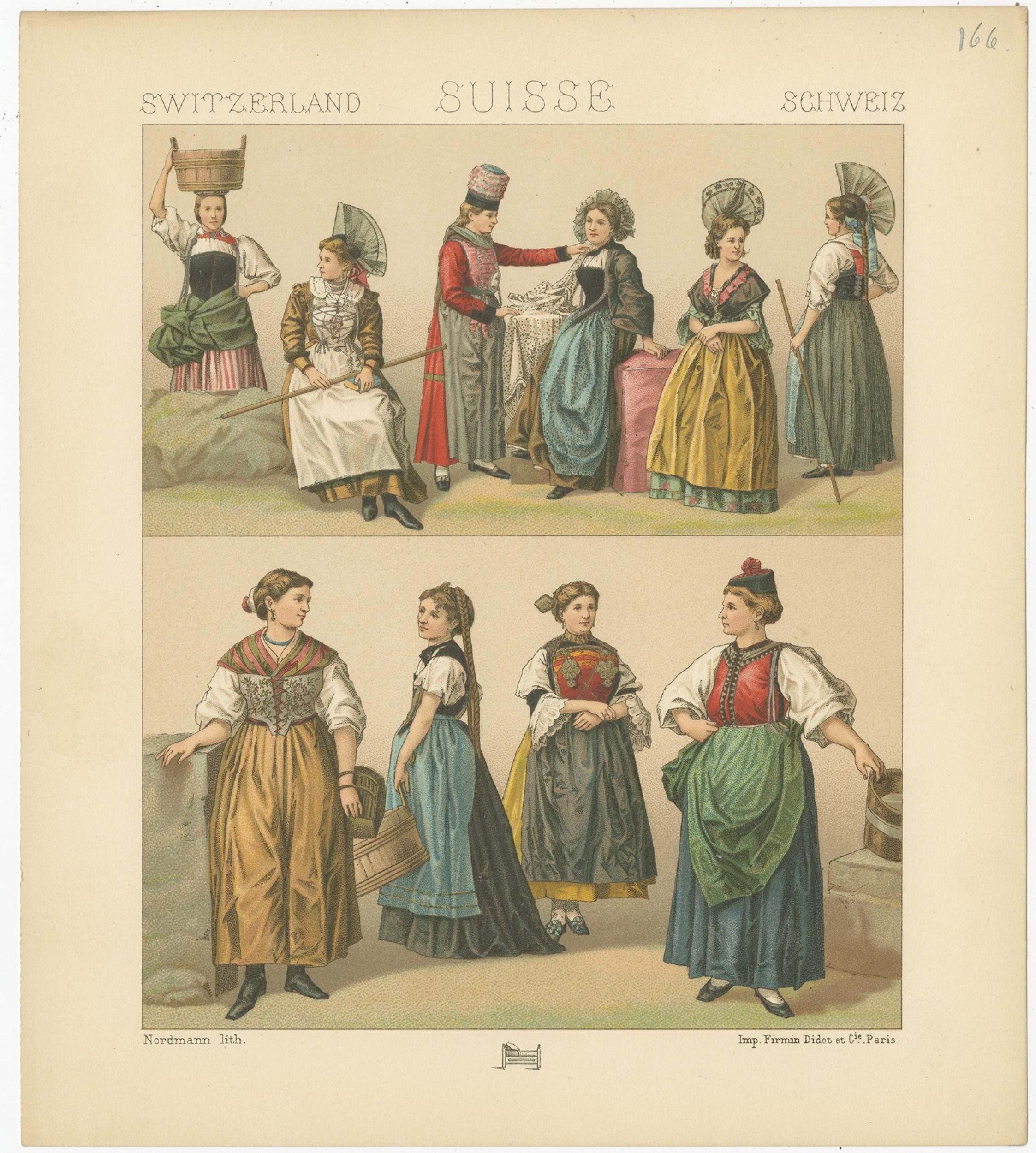 Antique print titled 'Switzerland - Suisse - Schweiz'. Chromolithograph of Swiss Women's Dresses. This print originates from 'Le Costume Historique' by M.A. Racinet. Published, circa 1880.
 
   