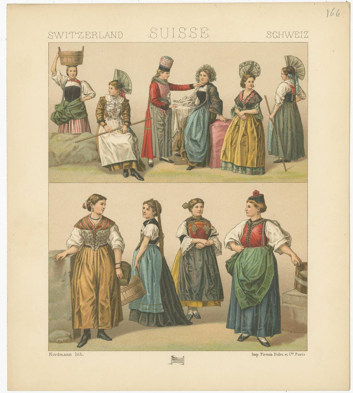 Antique Print of Swiss Women's Dresses by Racinet, circa 1880