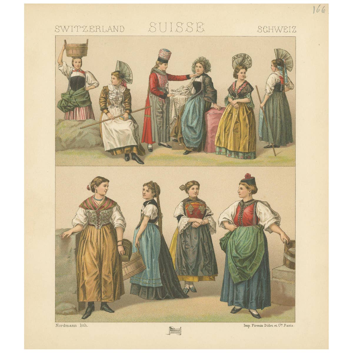 Antique Print of Swiss Women's Dresses by Racinet, circa 1880
