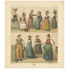 Pl. 166 Antique Print of Swiss Women's Dresses by Racinet, 'circa 1880'