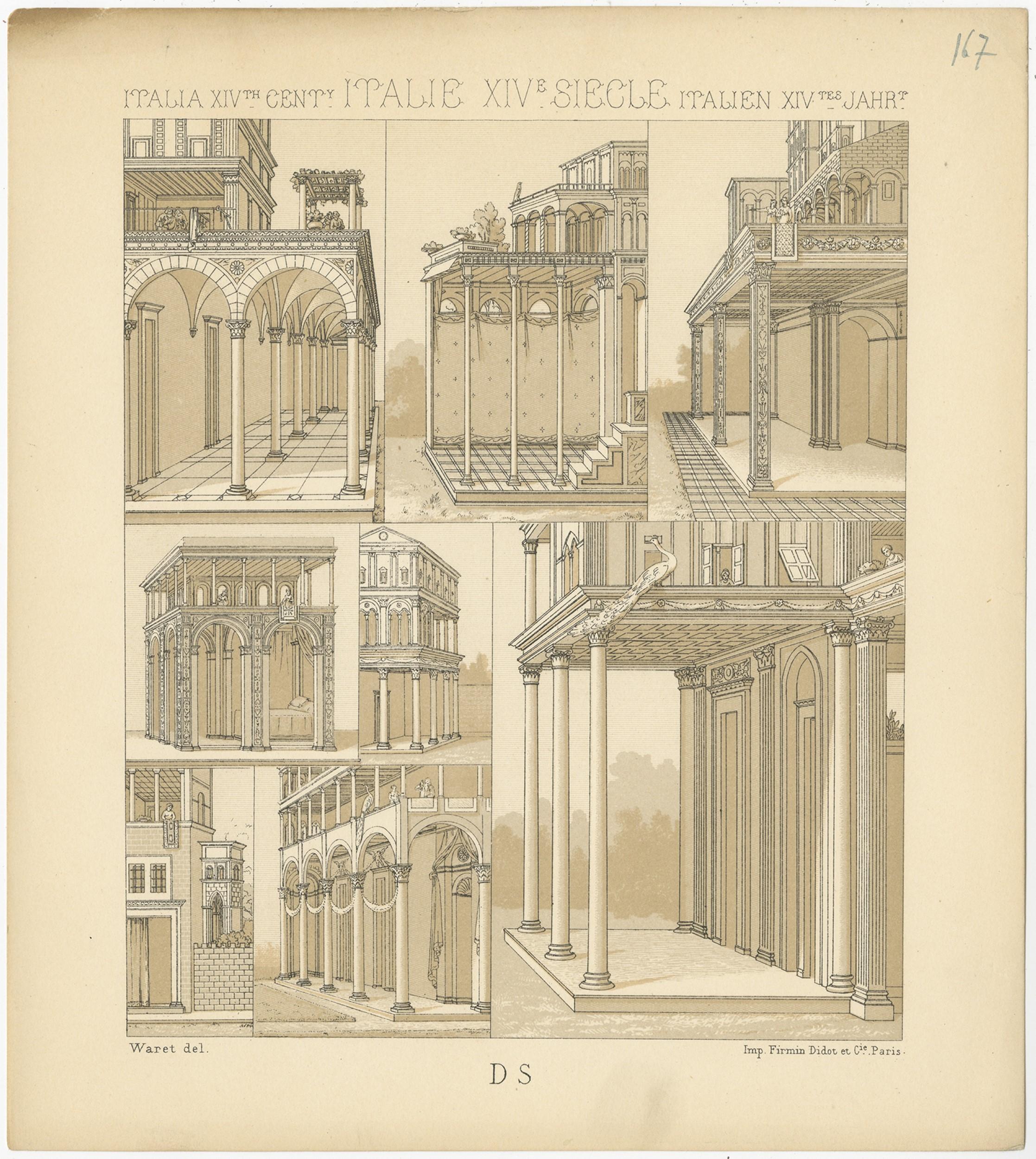 Antique print titled 'Italia XIVth Cent - Italie XIVe Siecle - Italien Xivtes Jahr'. Chromolithograph of Italian Maisons. This print originates from 'Le Costume Historique' by M.A. Racinet. Published, circa 1880.

  