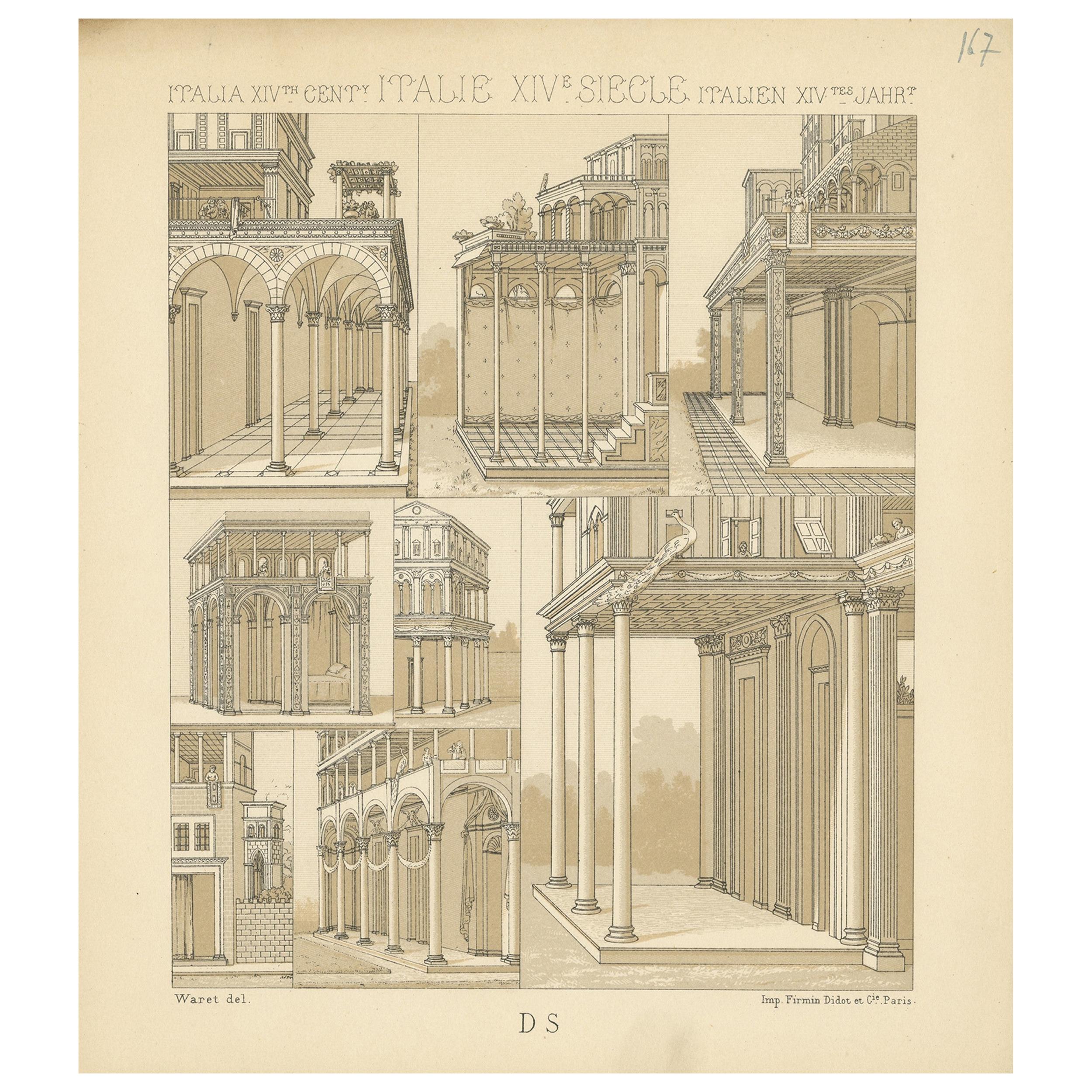 Antique Print of 14th Century Italian Maisons by Racinet For Sale