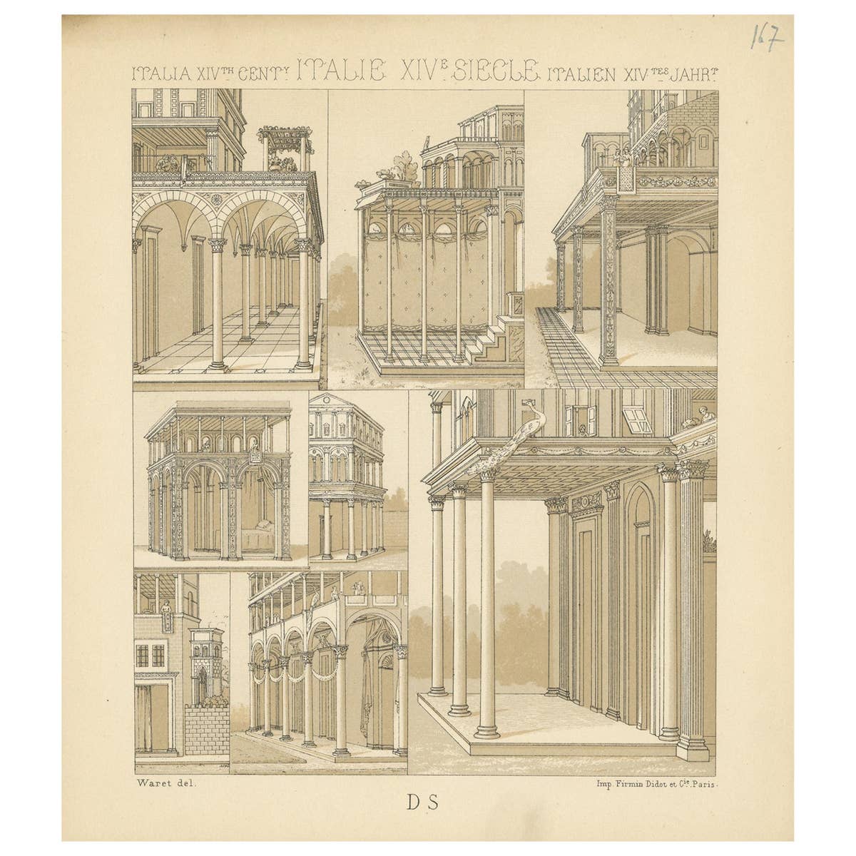 Antique Print of 14th Century Italian Maisons by Racinet