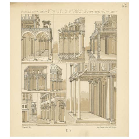 Antique Print of 14th Century Italian Maisons by Racinet