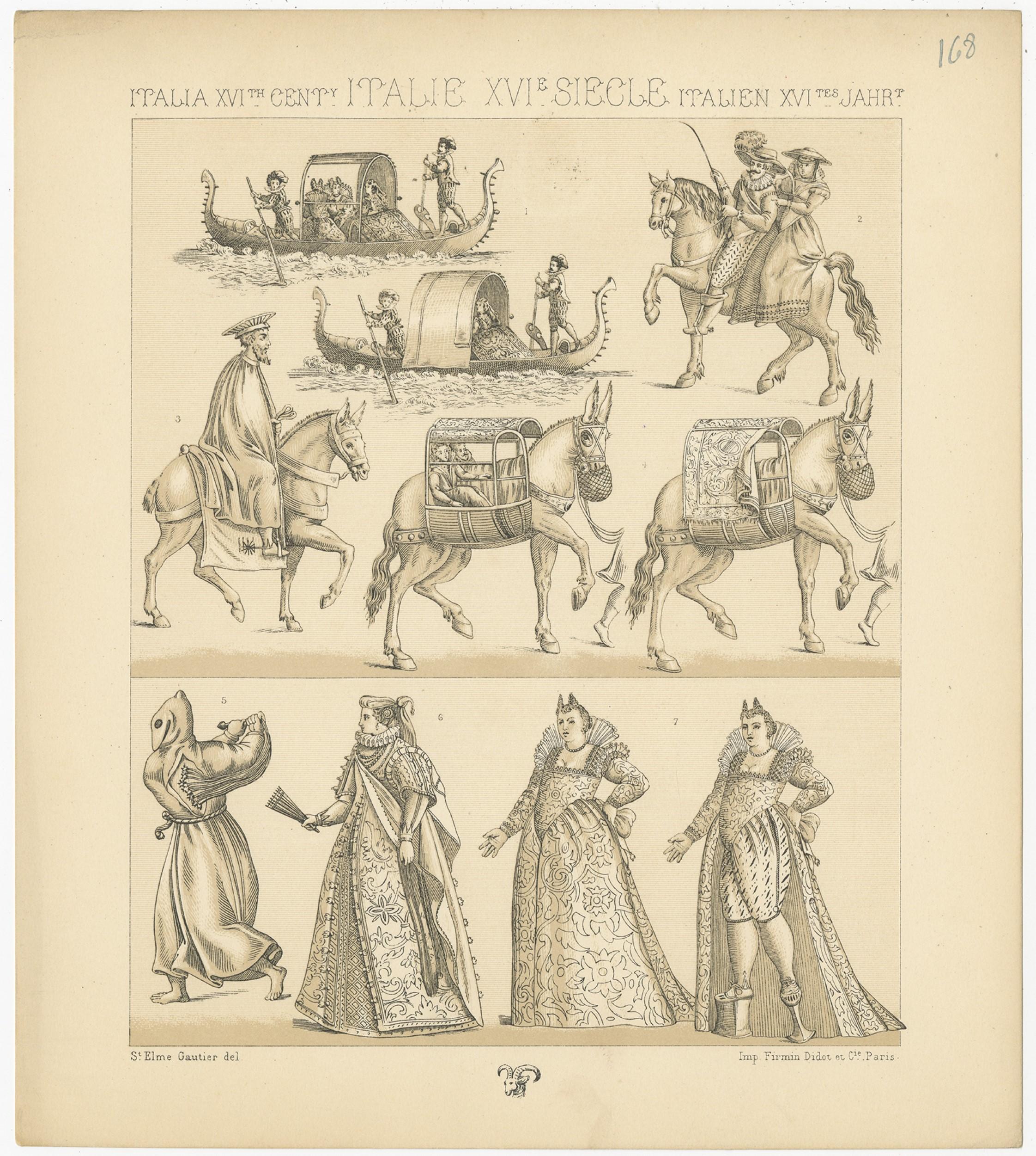 Pl. 168 Antique Print of 16th Century Italian Scenes by Racinet In Good Condition For Sale In Langweer, NL
