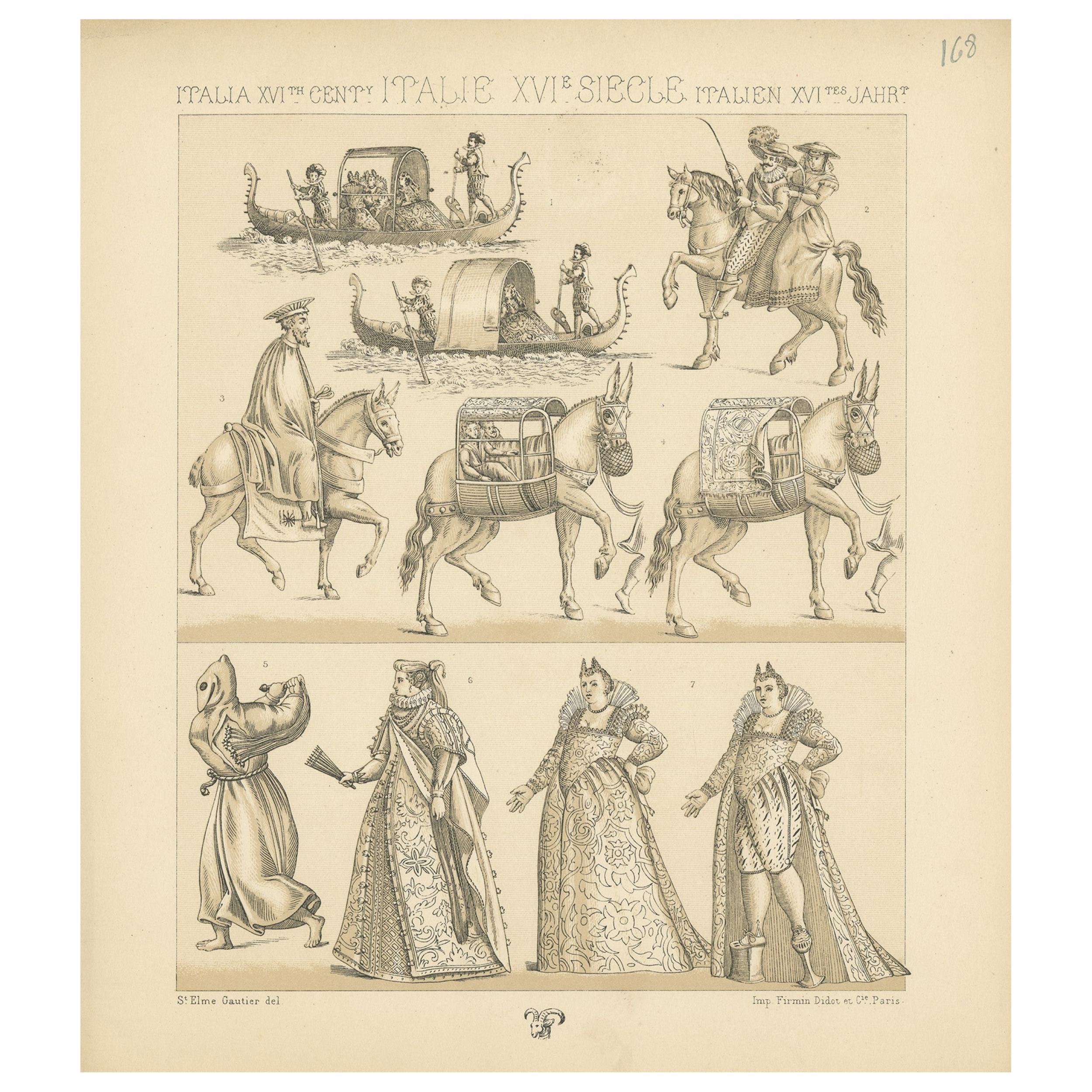 Pl. 168 Antique Print of 16th Century Italian Scenes by Racinet For Sale