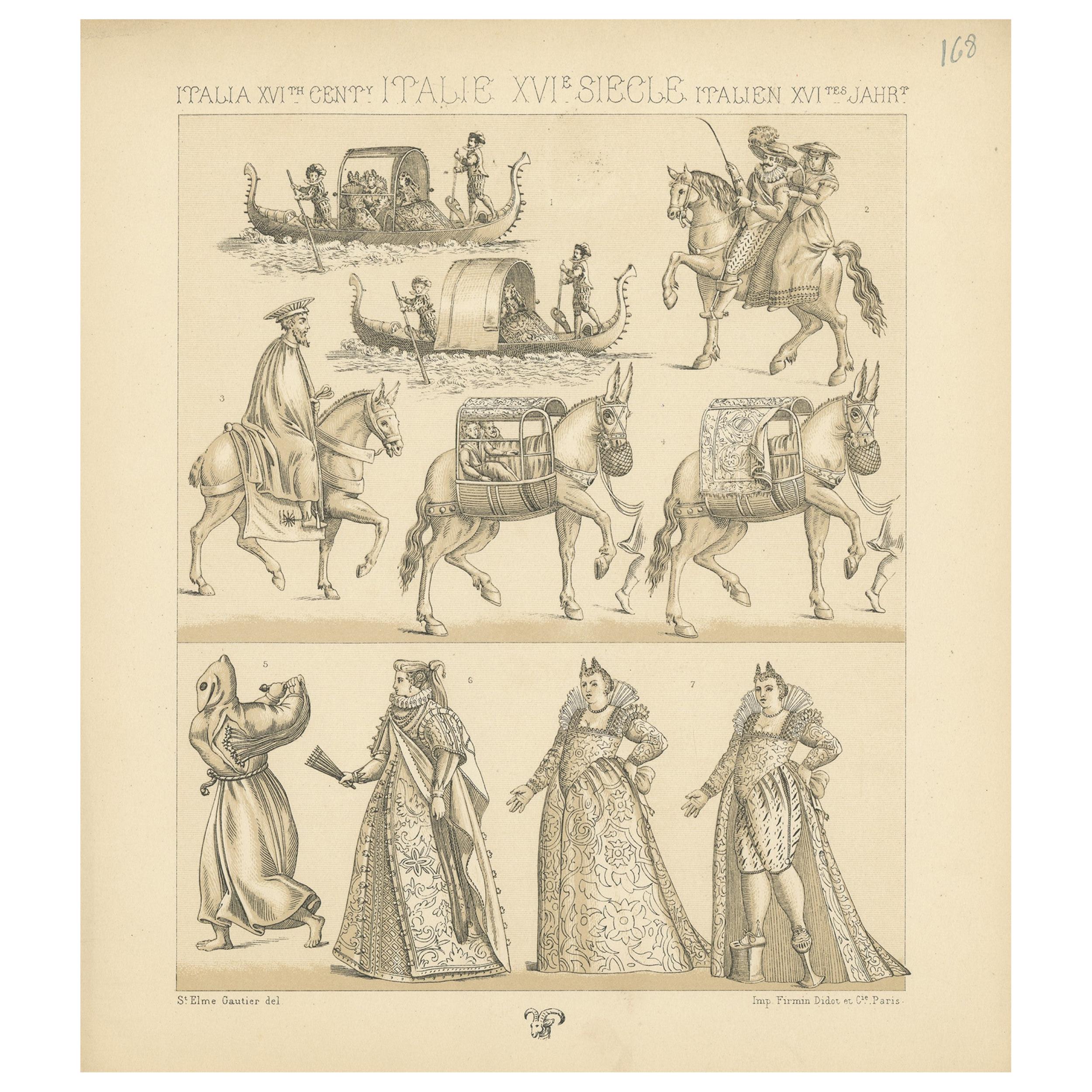 Pl. 168 Grabado antiguo de escenas italianas del siglo XVI de Racinet en venta