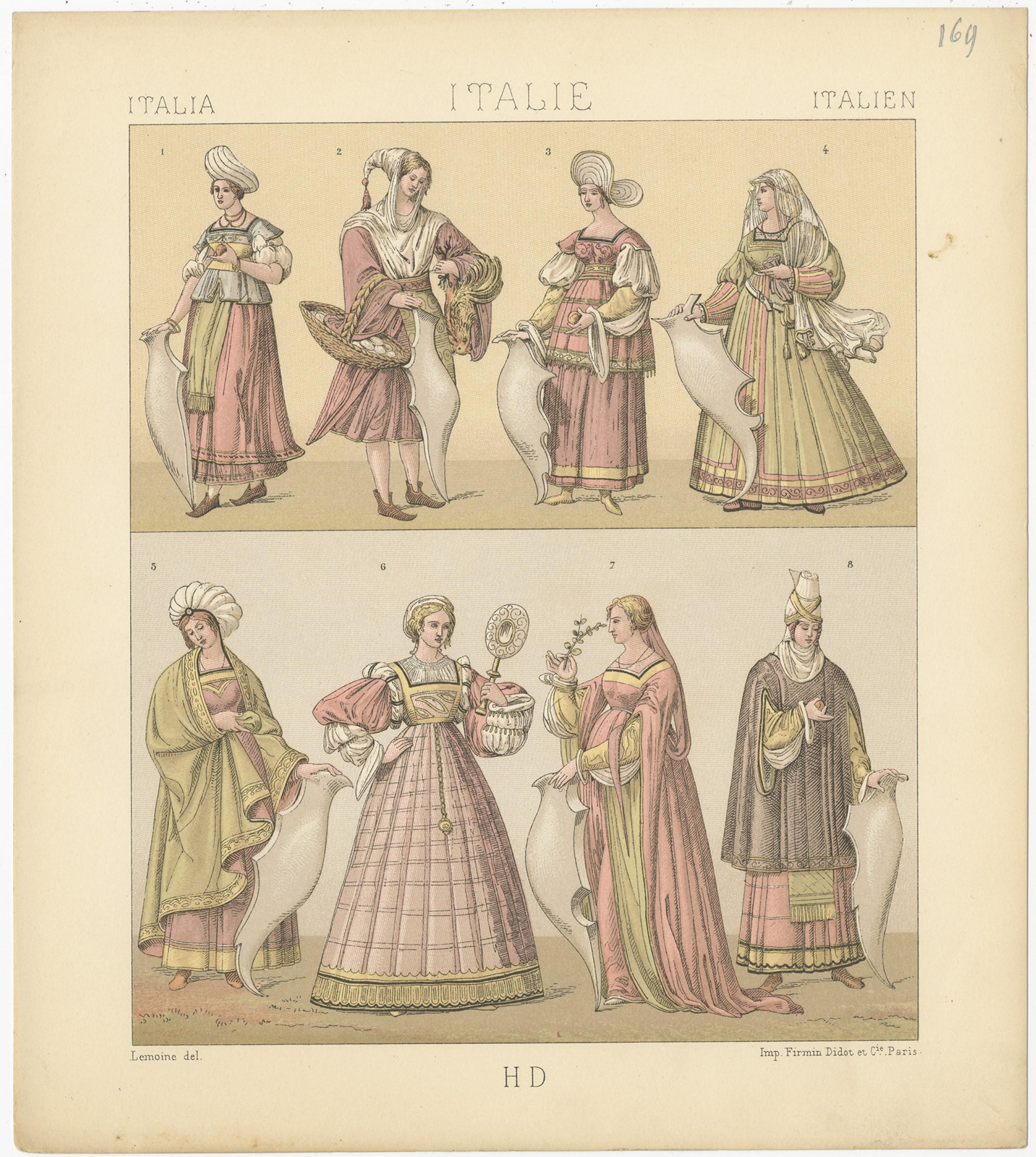 Pl. 169 Grabado antiguo de Racinet sobre trajes de mujer italianos, 