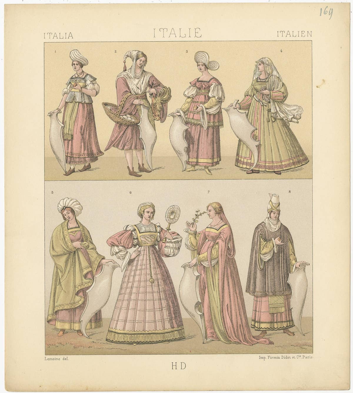 Pl. 169 Antique Print of Italian Women's Costumes by Racinet, 'circa 1880'