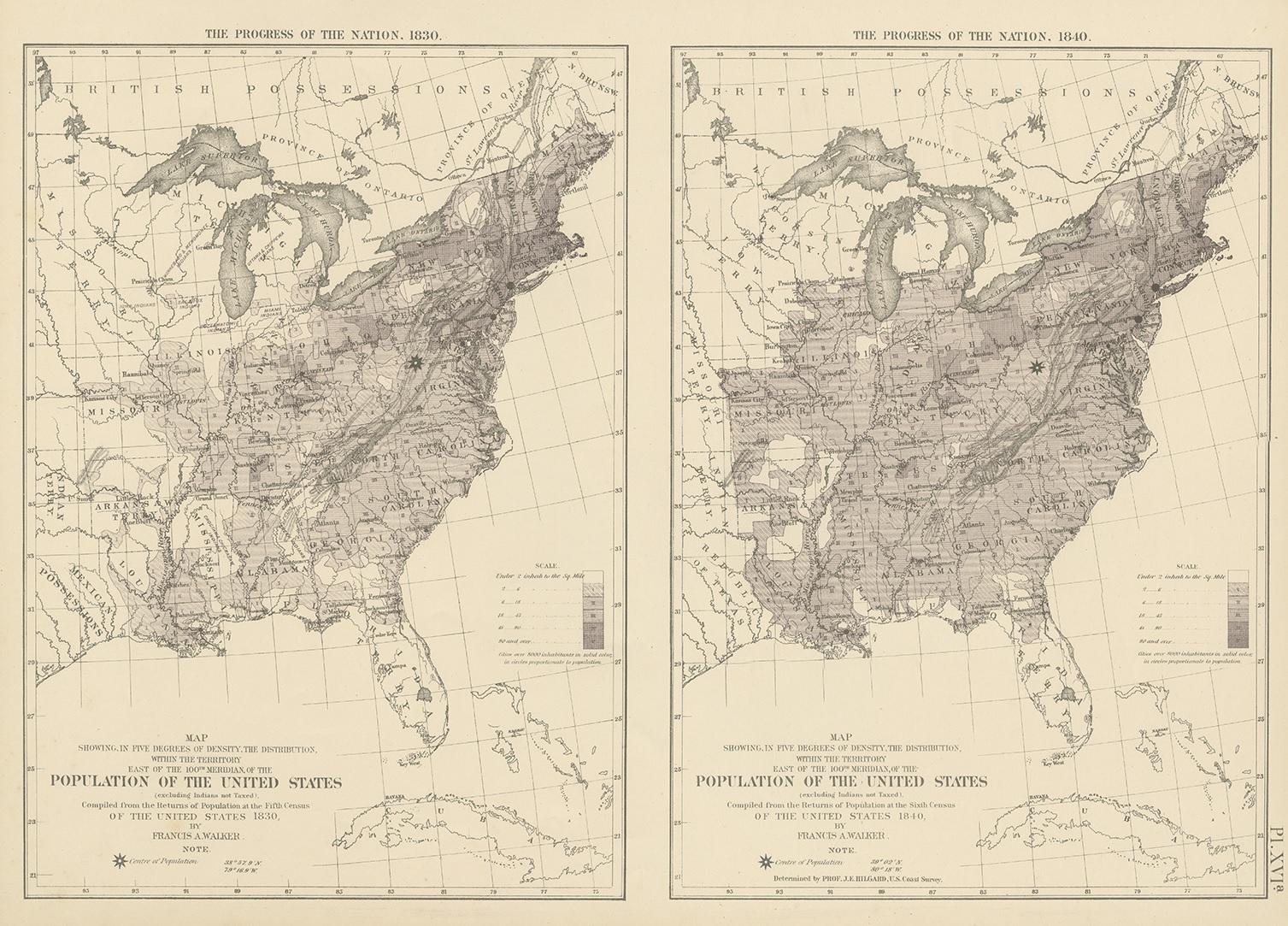 Antique chart titled 'Map showing, in five degrees of density, the distribution, within the territory east of the 100th Meridian, of the population of the United States, excluding Indians not taxed'. Chart of the US Population 1830-1840. Originates