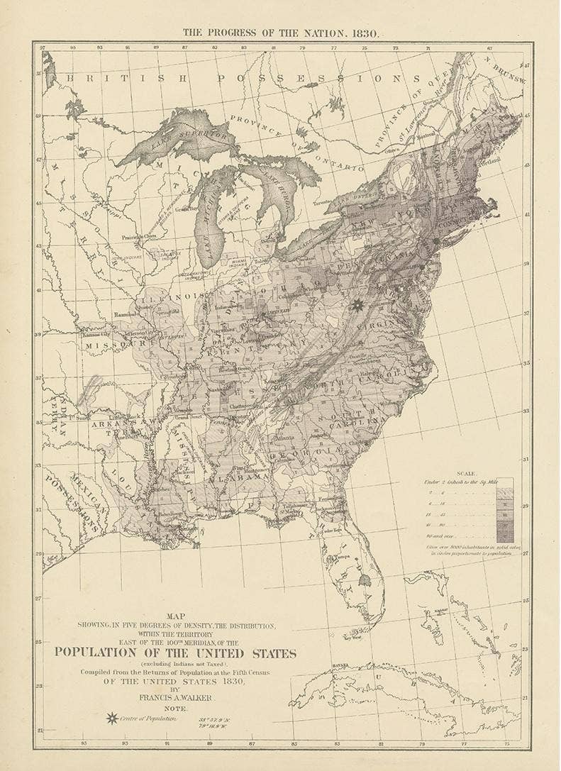Pl. 16A Antique Chart of the US Population 1830-1840 by Walker, 1874