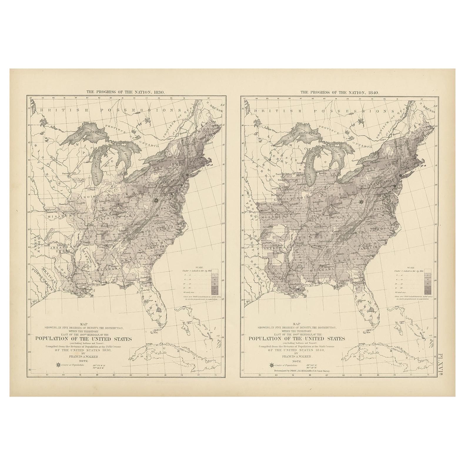 Pl. 16A Antique Chart of the US Population 1830-1840 by Walker, 1874 For Sale