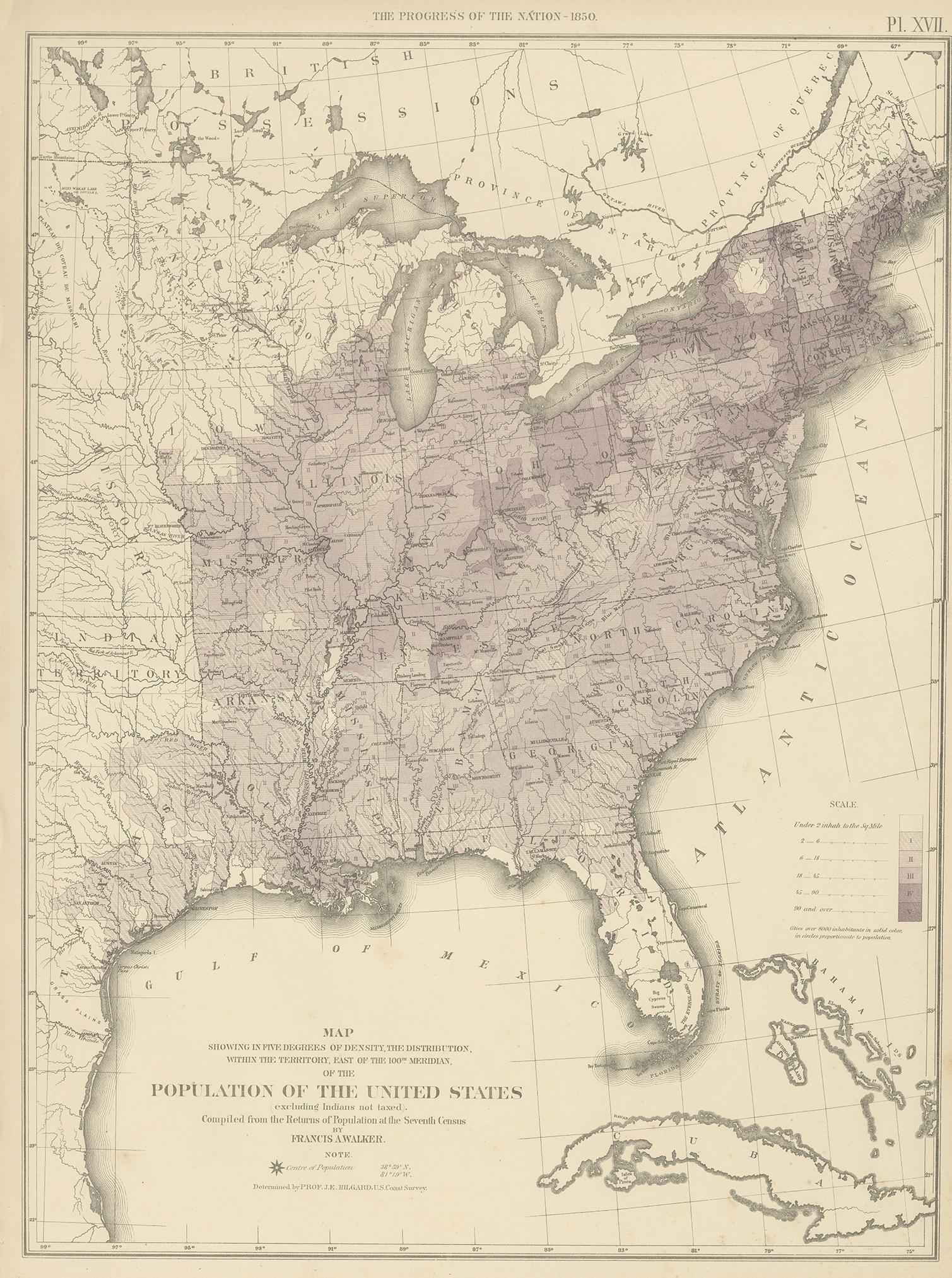 Antique chart titled 'Map showing in five degrees of density, the distribution, within the territory east of the 100th Meridian, of the population of the United States, excluding Indians not taxed'. Chart of the US Population 1850. Originates from