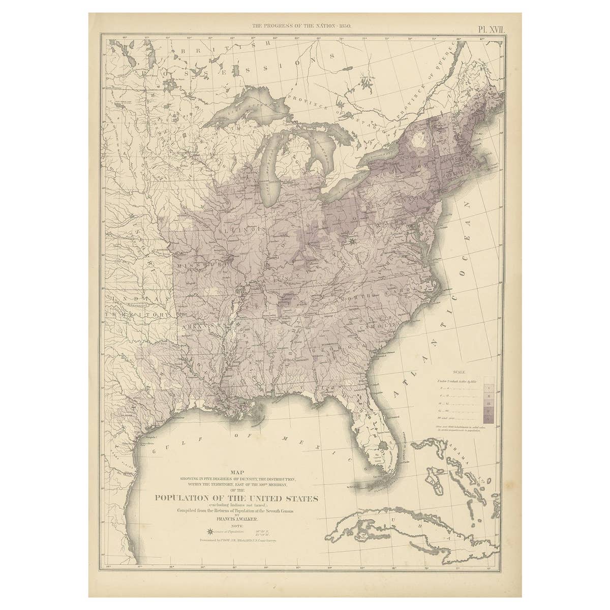 Pl. 17 Antique Chart of the US Population 1850 by Walker, 1874