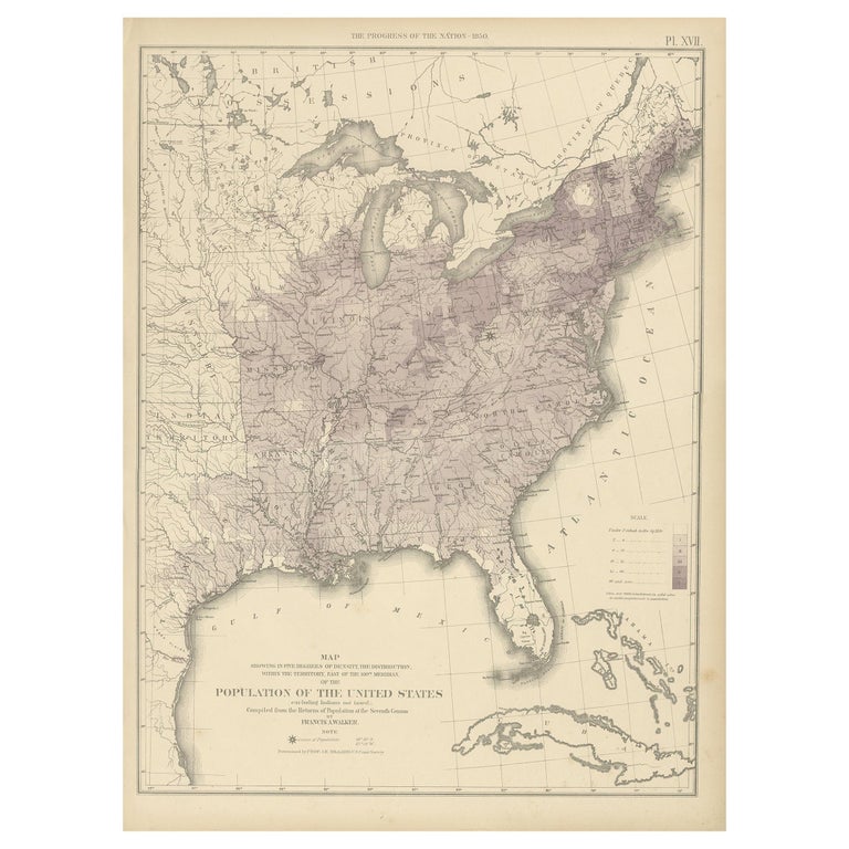 Pl. 17 Antique Chart of the US Population 1850 by Walker, 1874 For Sale
