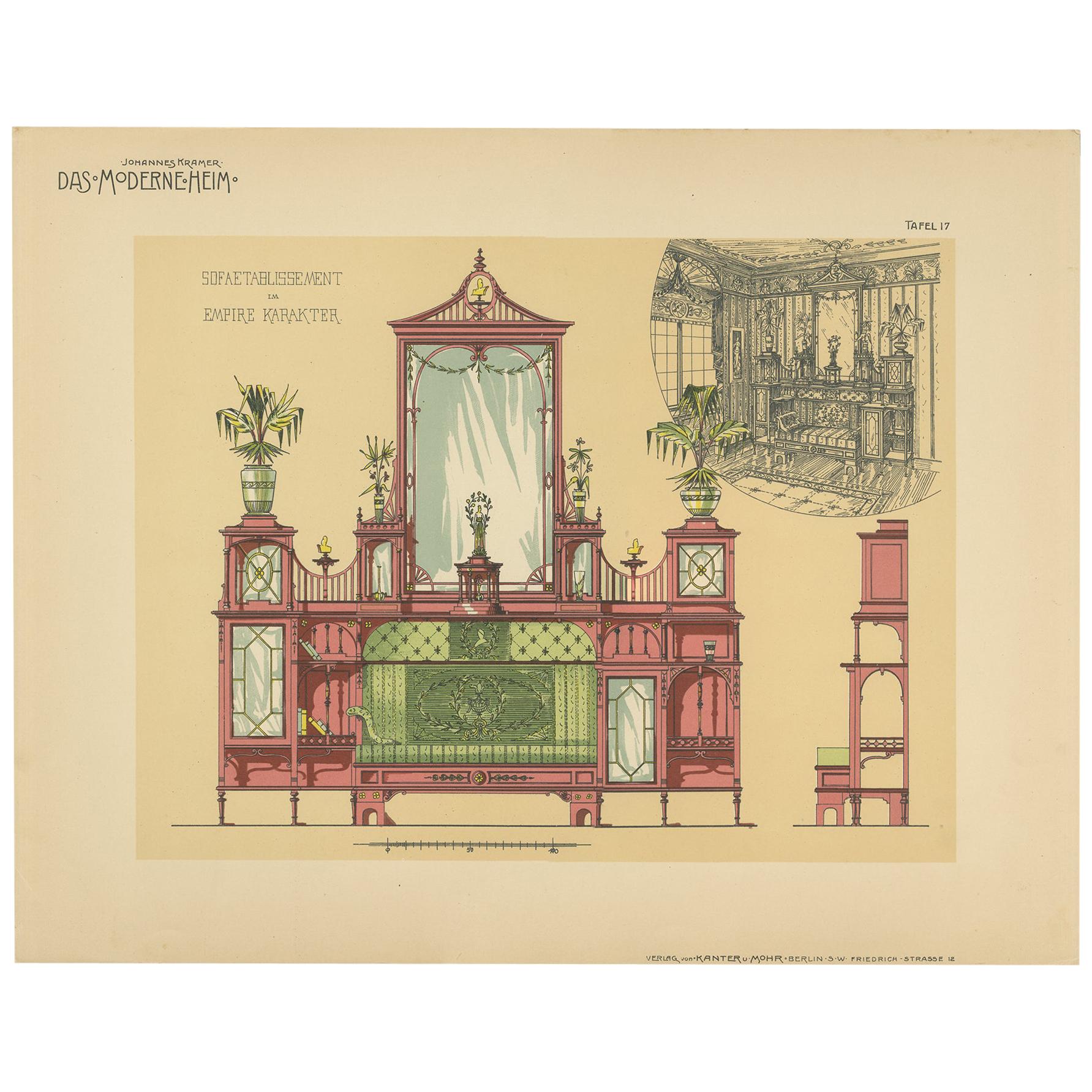 Pl. 17 Antique Print of a Sofa and Furniture by Kramer 'circa 1910' For Sale