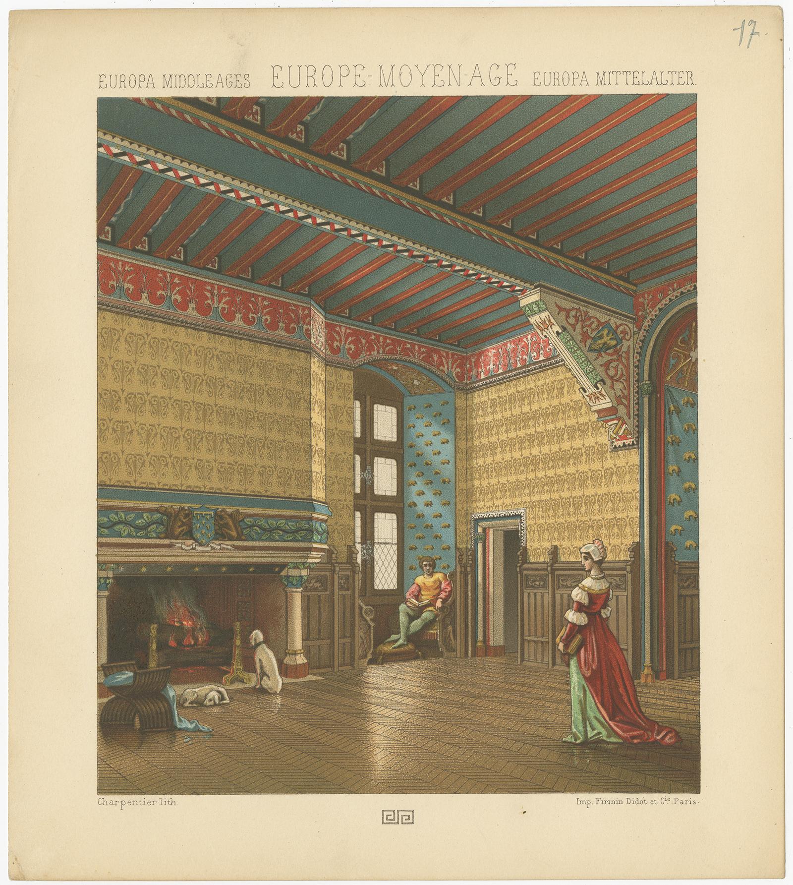 Antique print titled 'Europa Middle Ages - Europe Moyen Age - Europa Mittelalter'. Chromolithograph of European Middle Ages living room. This print originates from 'Le Costume Historique' by M.A. Racinet. Published circa 1880.