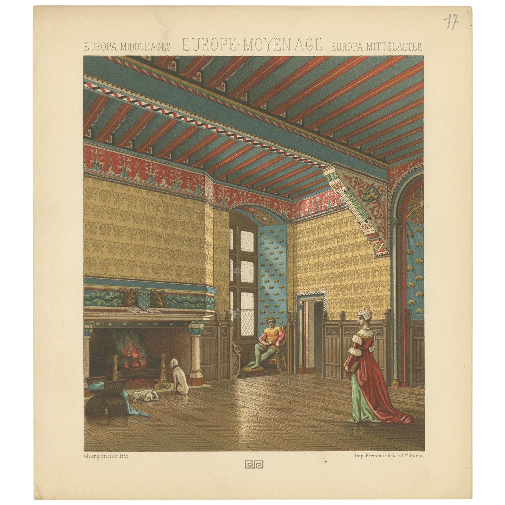 Pl. 17 Antique Print of European Middle Ages Living Room by Racinet, circa 1880