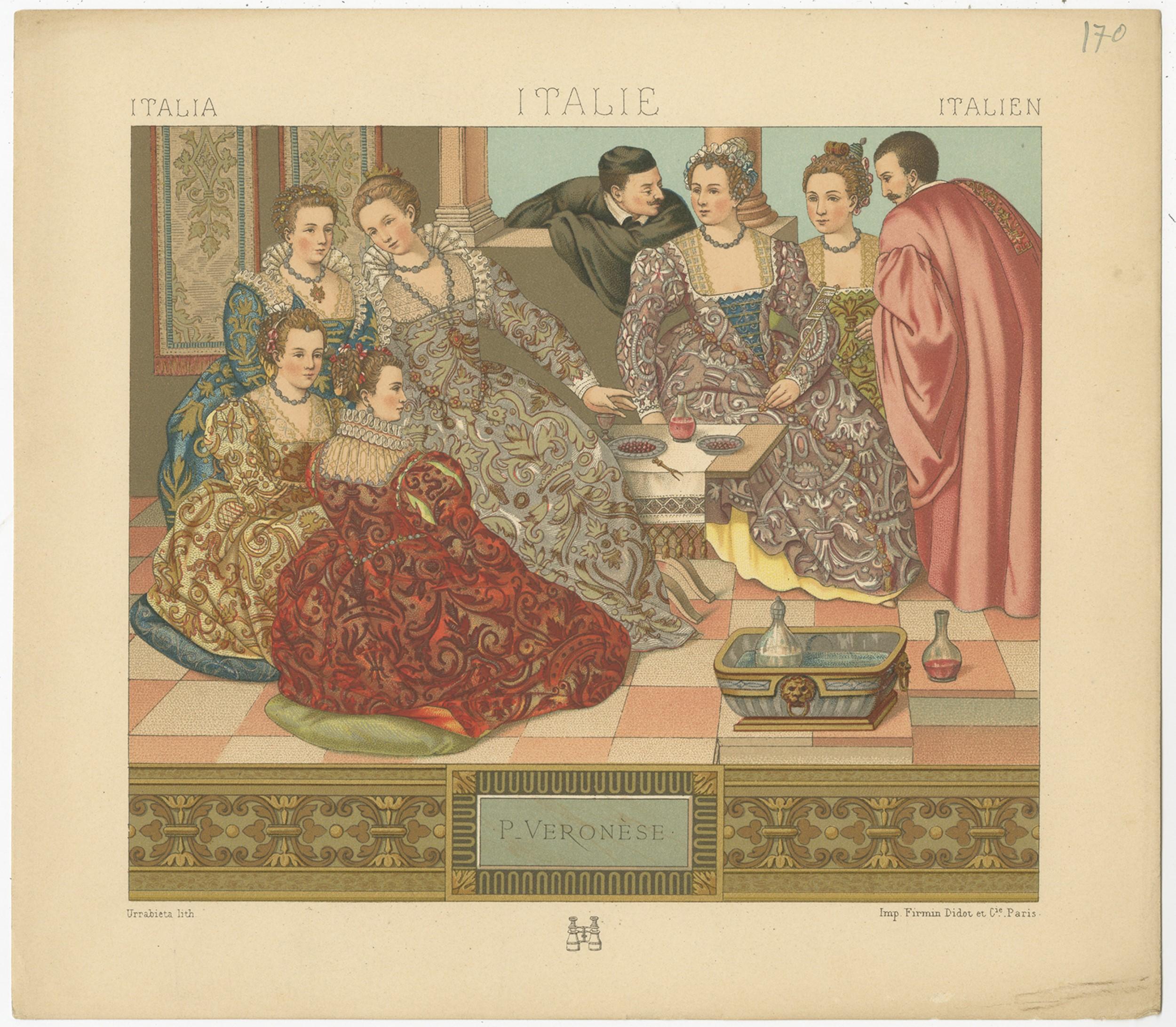 Antique print titled 'Italia - Italie - Italien'. Chromolithograph of Italian P_Veronese Costumes. This print originates from 'Le Costume Historique' by M.A. Racinet. Published, circa 1880.
 
  