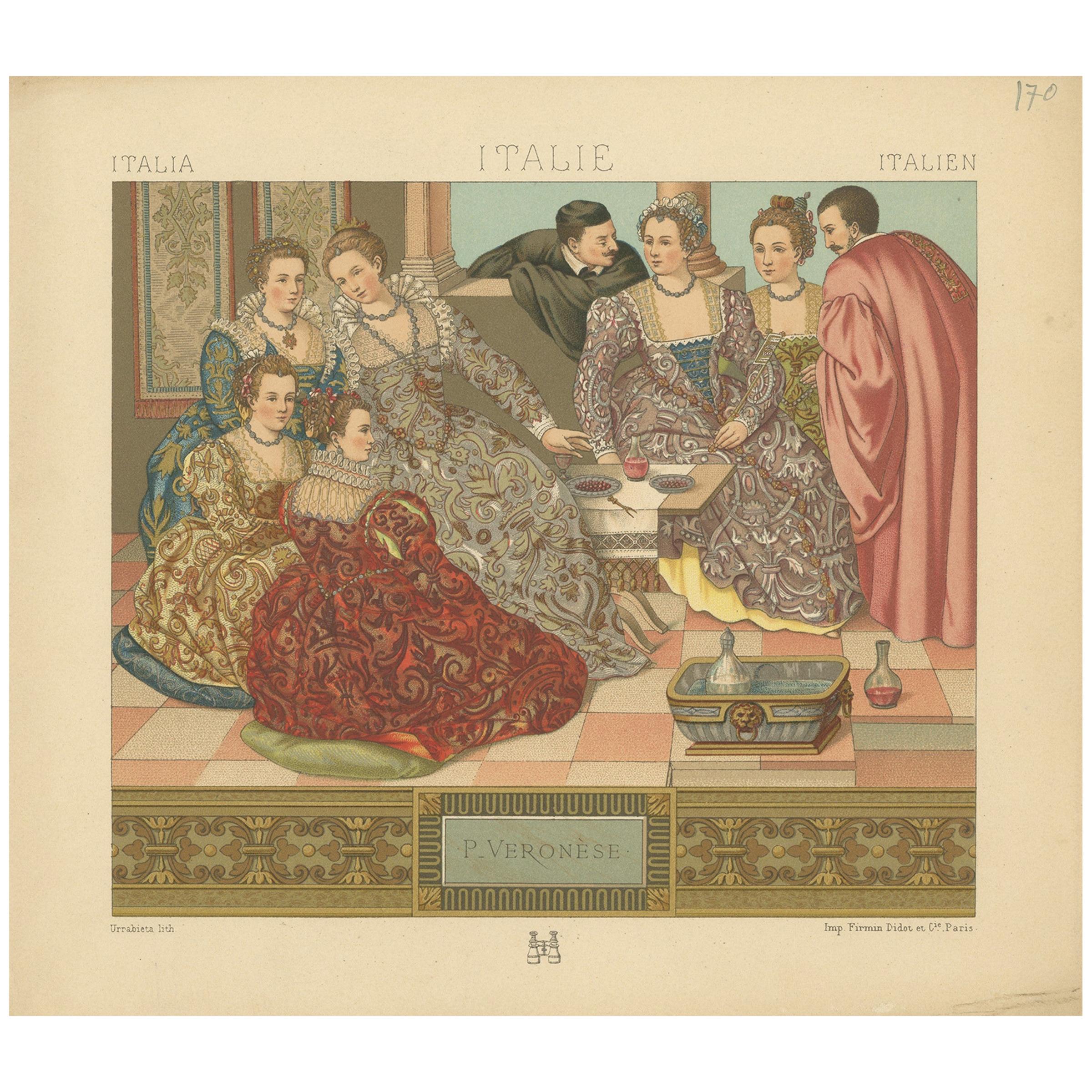 Pl. 170 Antique Print of Italian P_Veronese Costumes by Racinet, 'circa 1880' For Sale