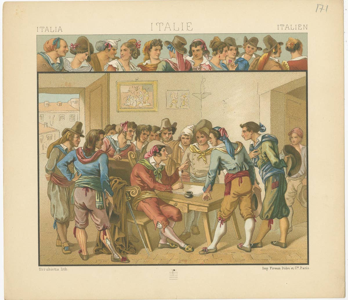 Pl. 171 Antique Print of Italian Costumes by Racinet, 'circa 1880'