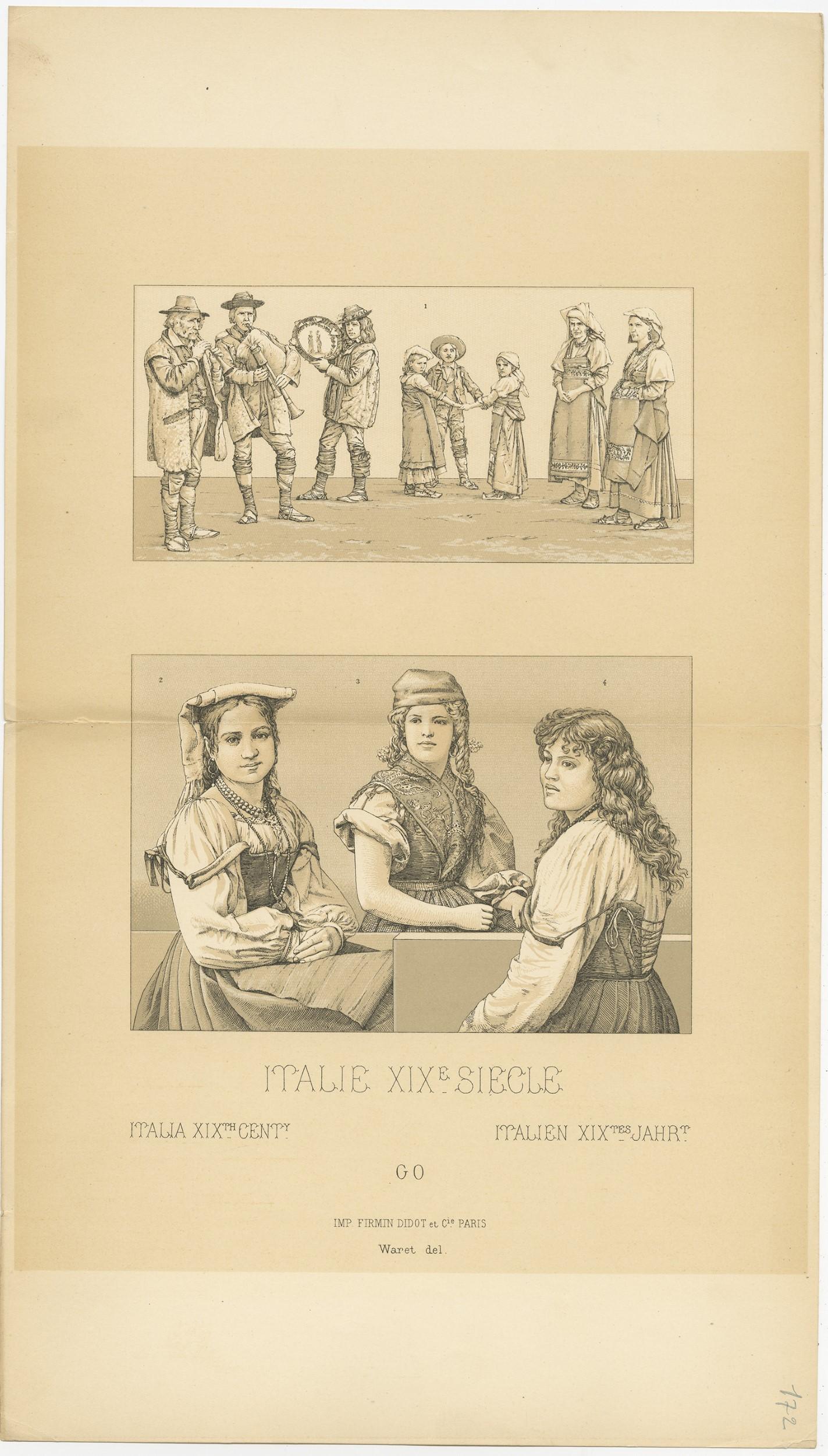 Antique print titled 'Italia XIXth Cent - Italie XIXe Siecle - Italien XIXtes Jahr'. Chromolithograph of Italian Clothing. This print originates from 'Le Costume Historique' by M.A. Racinet. Published, circa 1880.

  