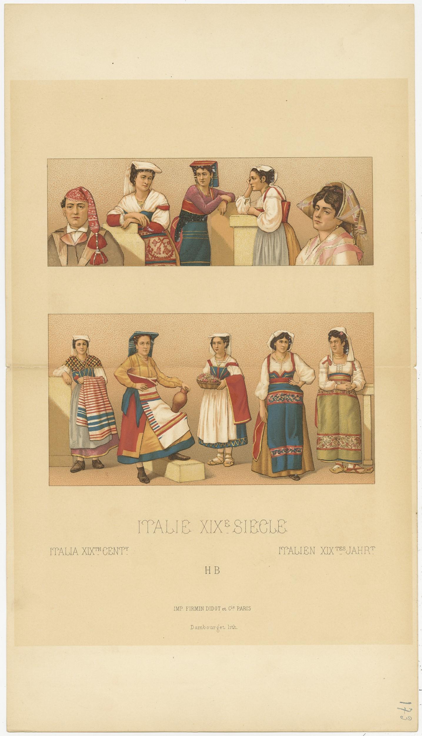 Antique print titled 'Italia XIXth Cent - Italie XIXe Siecle - Italien XIXtes Jahr'. Chromolithograph of Italian clothing. This print originates from 'Le Costume Historique' by M.A. Racinet. Published, circa 1880.

   