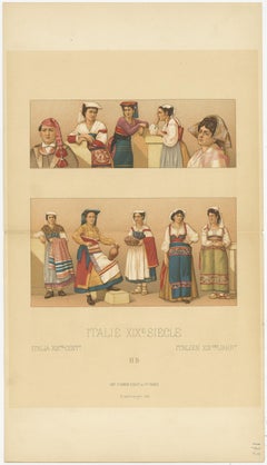Pl. 173 Antique Print of 19th Century Italian Clothing by Racinet