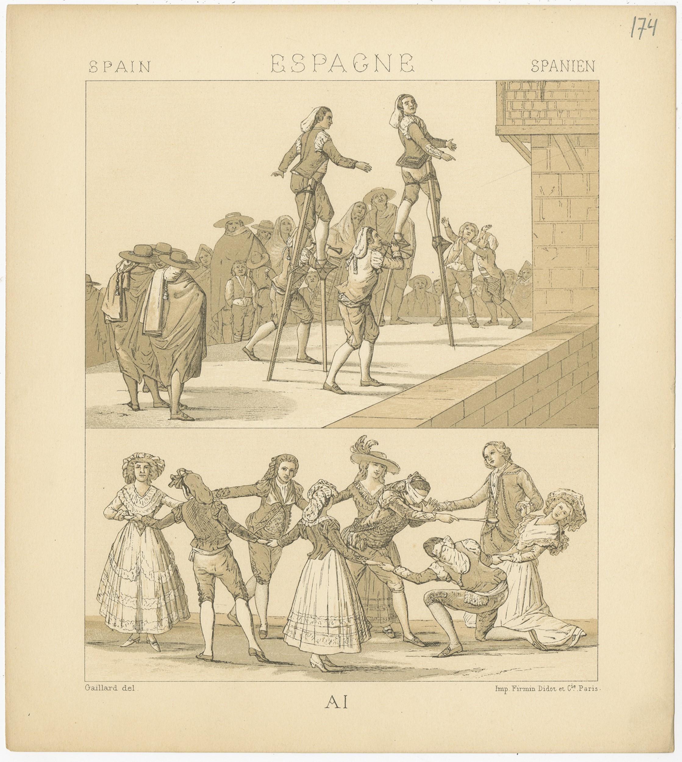 Antique print titled 'Spain - Espagne - Spanien'. Chromolithograph of Spanish Scenes. This print originates from 'Le Costume Historique' by M.A. Racinet. Published, circa 1880.
 
  
