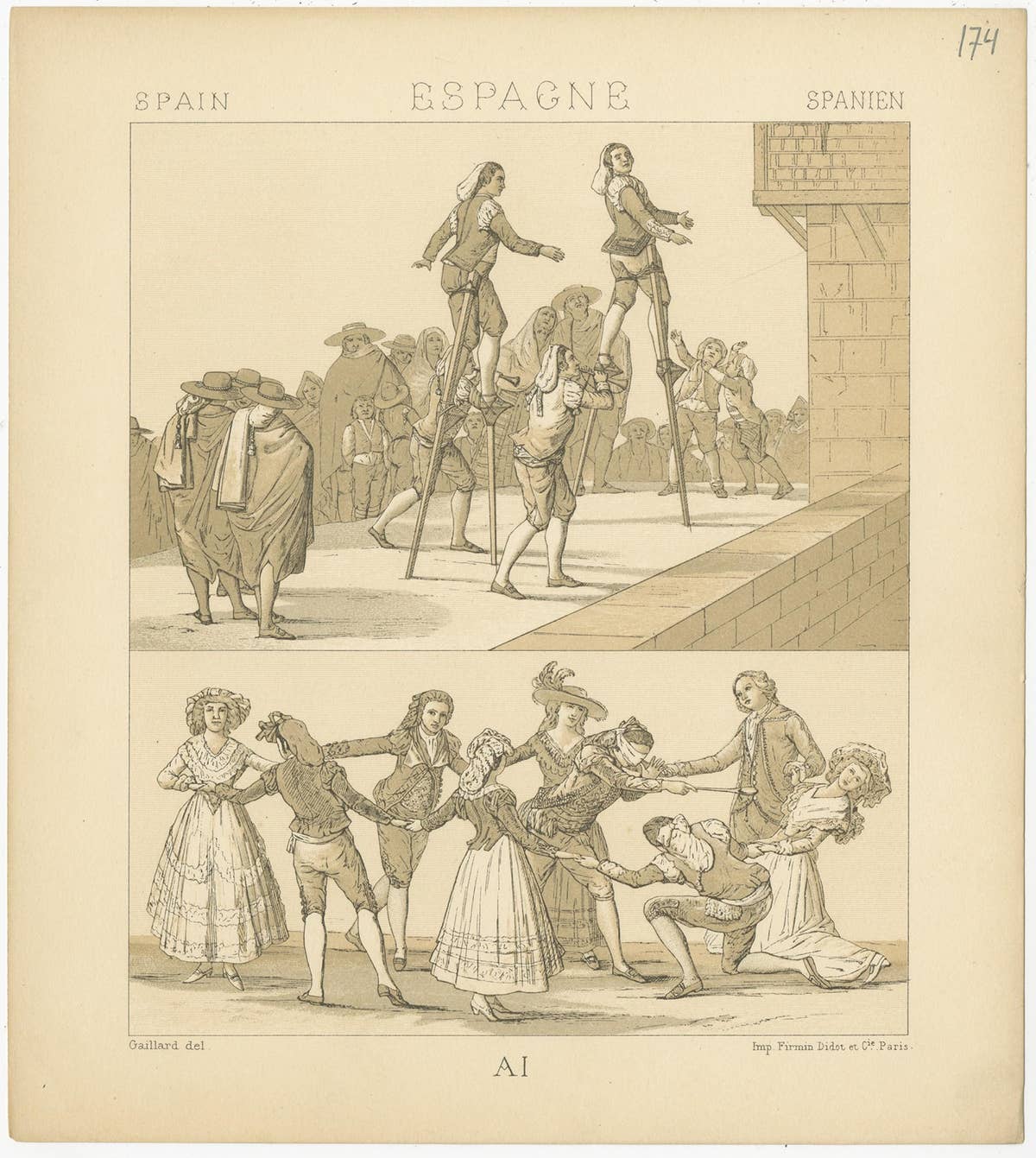Antique Print of Spanish Scenes by Racinet, 'circa 1880'