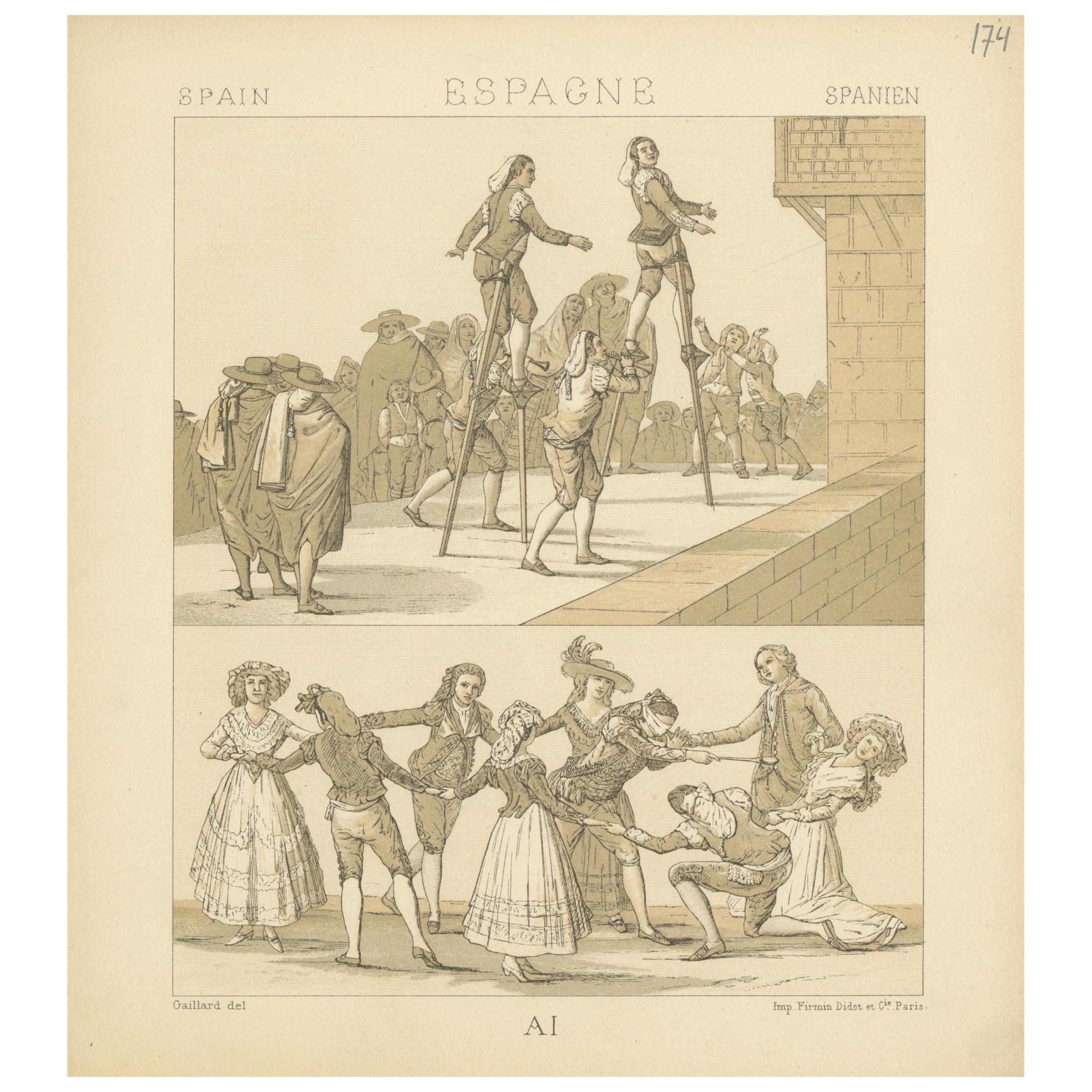 Antique Print of Spanish Scenes by Racinet, 'circa 1880' For Sale