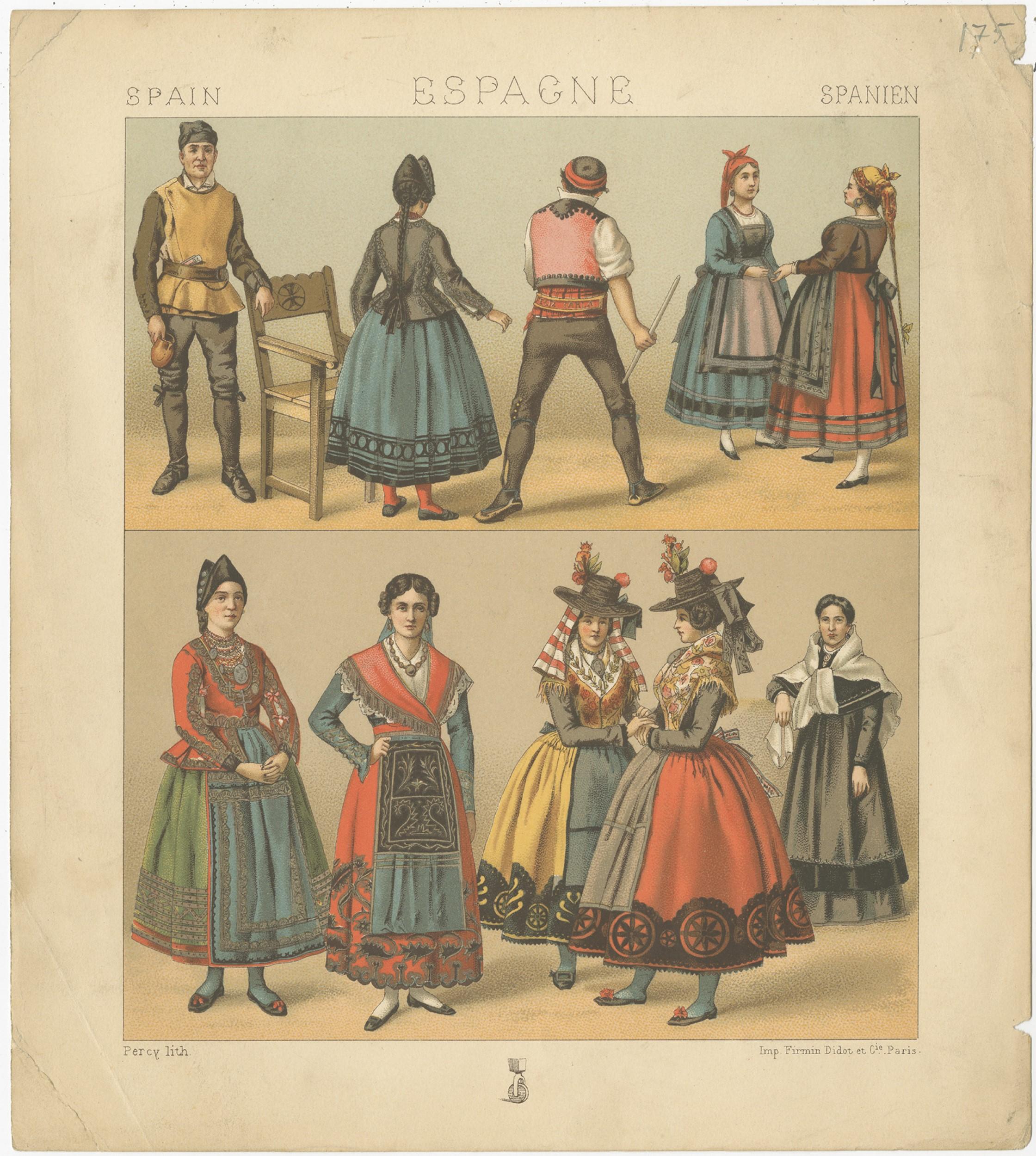 Antique print titled 'Spain - Espagne - Spanien'. Chromolithograph of Spanish Costumes. This print originates from 'Le Costume Historique' by M.A. Racinet. Published, circa 1880.
 
  