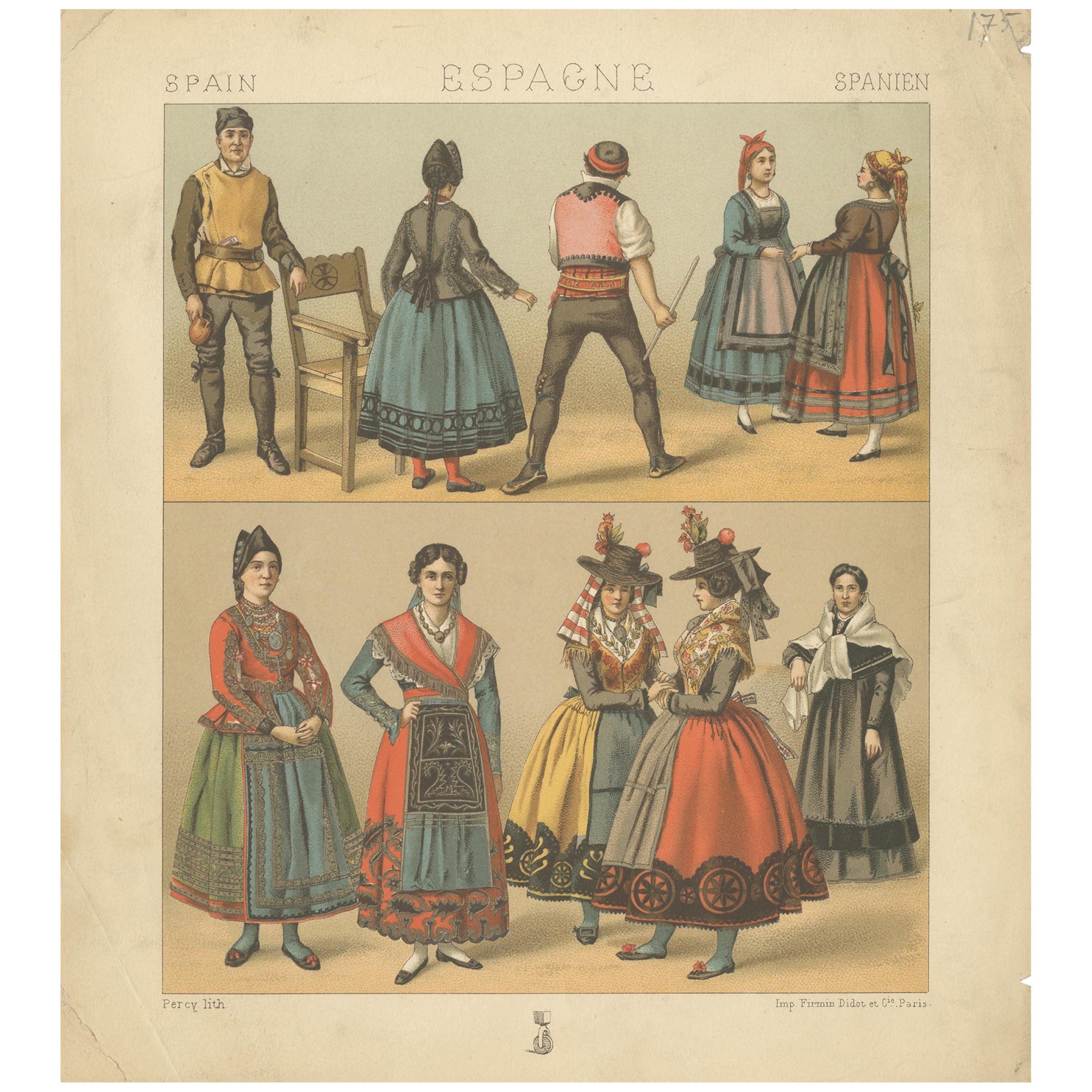 Pl. 175 Antique Print of Spanish Costumes by Racinet, 'circa 1880' For Sale