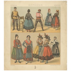 Pl. 175 Antique Print of Spanish Costumes by Racinet, 'circa 1880'