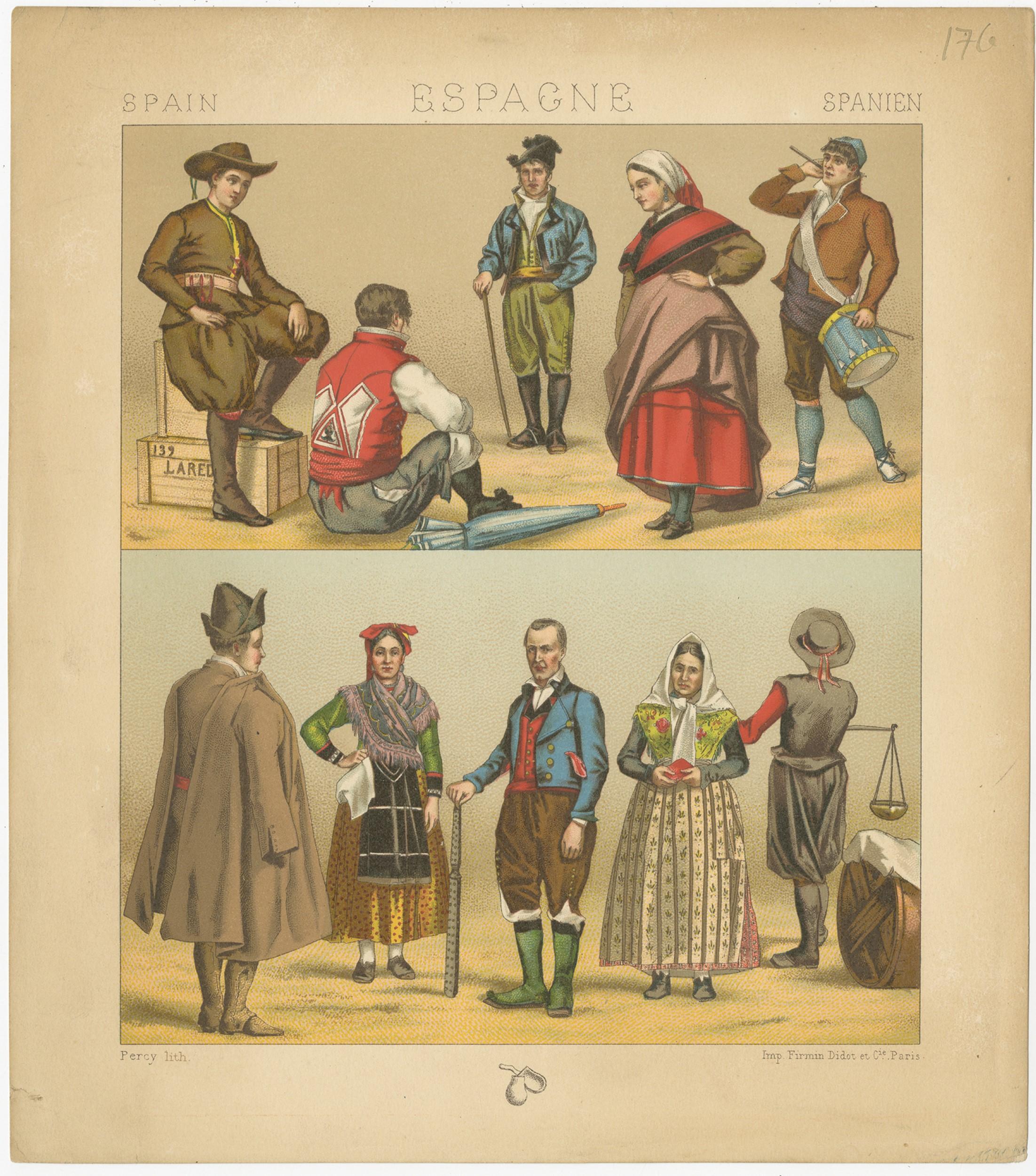 Antique print titled 'Spain - Espagne - Spanien'. Chromolithograph of Spanish Costumes. This print originates from 'Le Costume Historique' by M.A. Racinet. Published, circa 1880.

   
