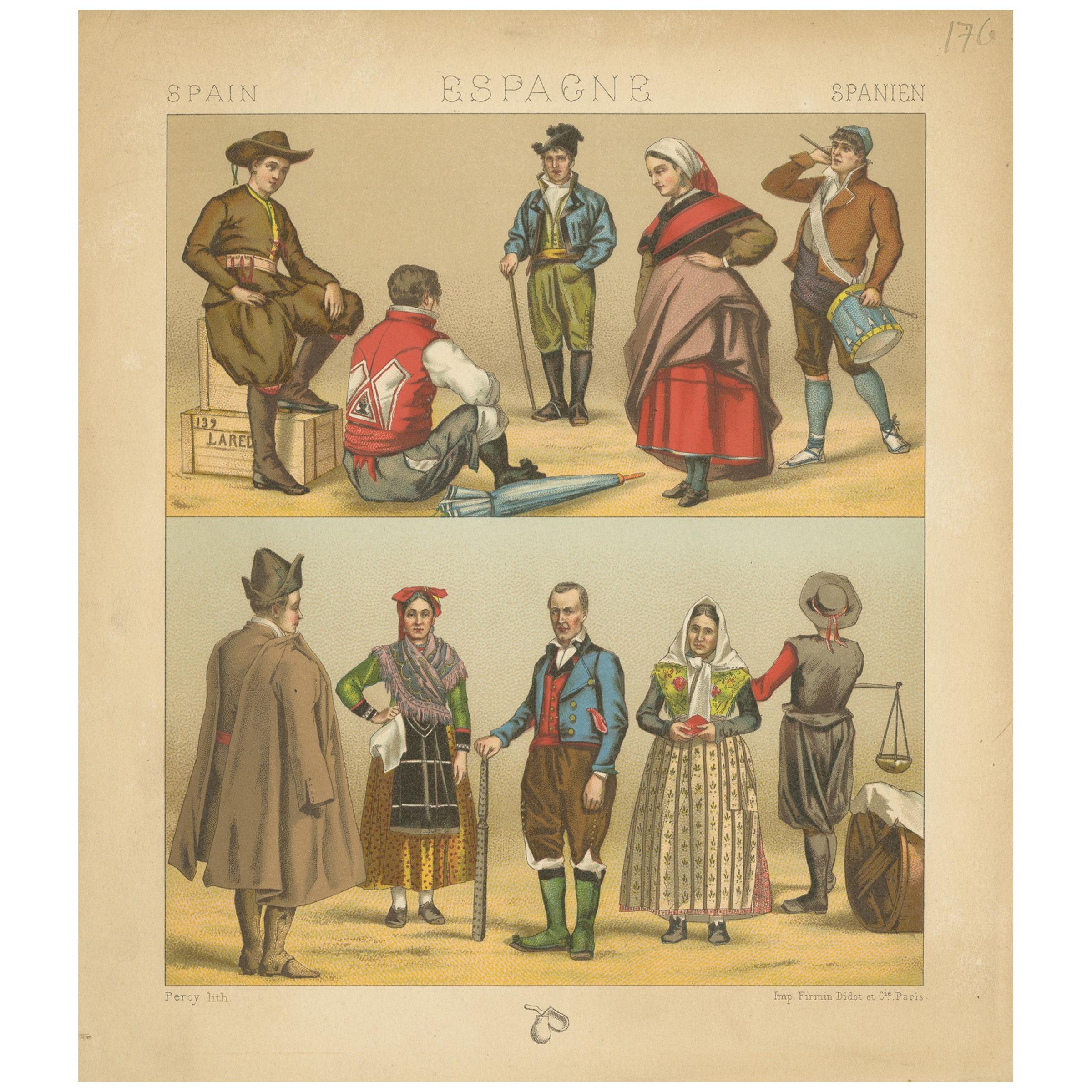 Impression ancienne de costumes espagnoles par Racinet, Pl. 176, datant d'environ 1880
