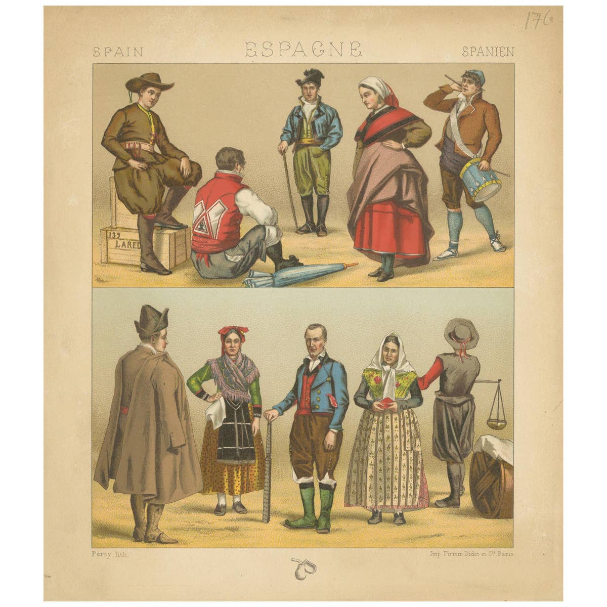 Pl. 176 Antique Print of Spanish Costumes by Racinet, 'circa 1880'