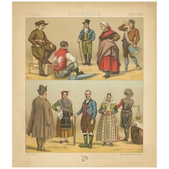 Pl. 176 Antique Print of Spanish Costumes by Racinet, 'circa 1880'