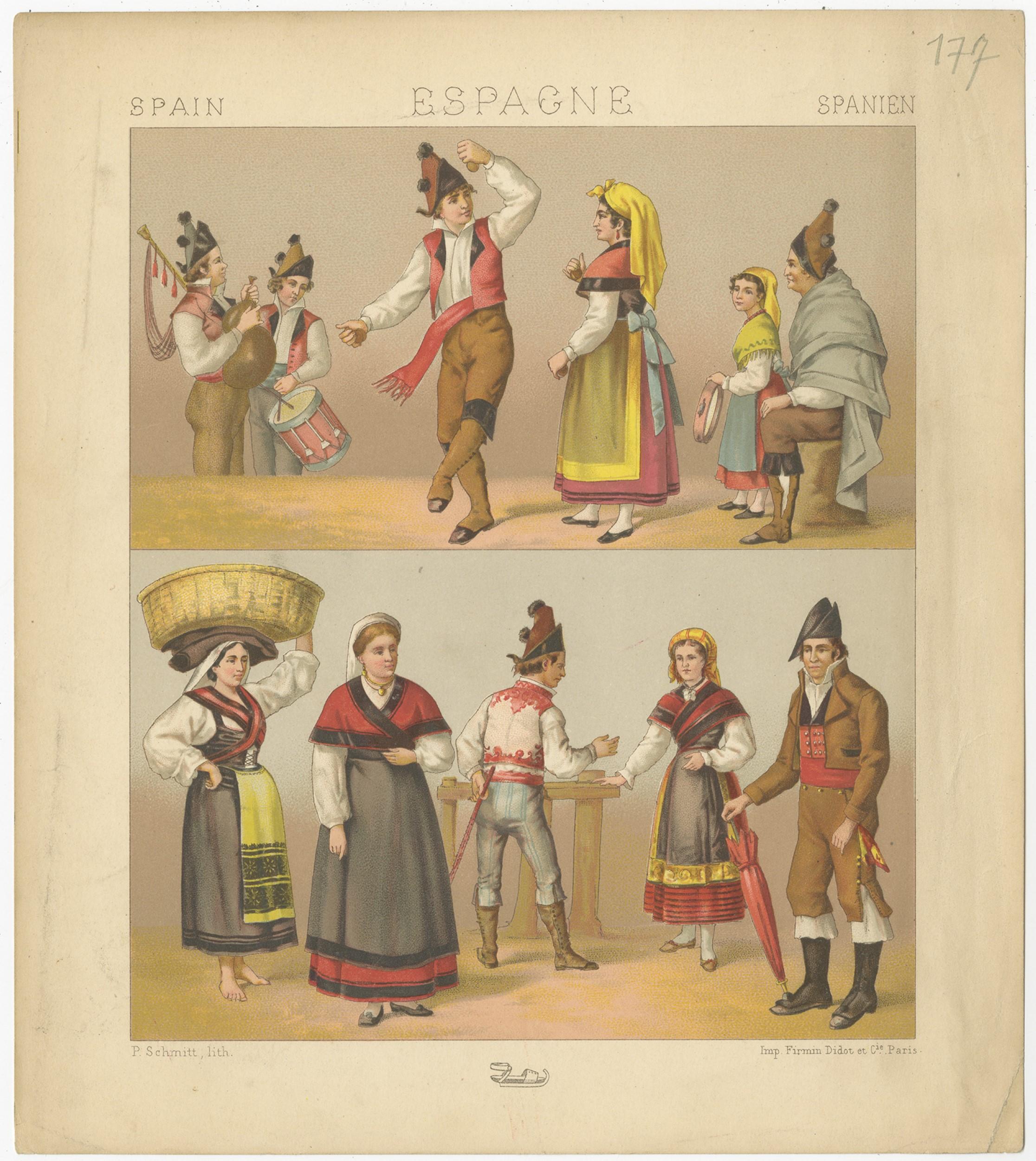 Antique print titled 'Spain - Espagne - Spanien'. Chromolithograph of Spanish Costumes. This print originates from 'Le Costume Historique' by M.A. Racinet. Published, circa 1880.
 
  
