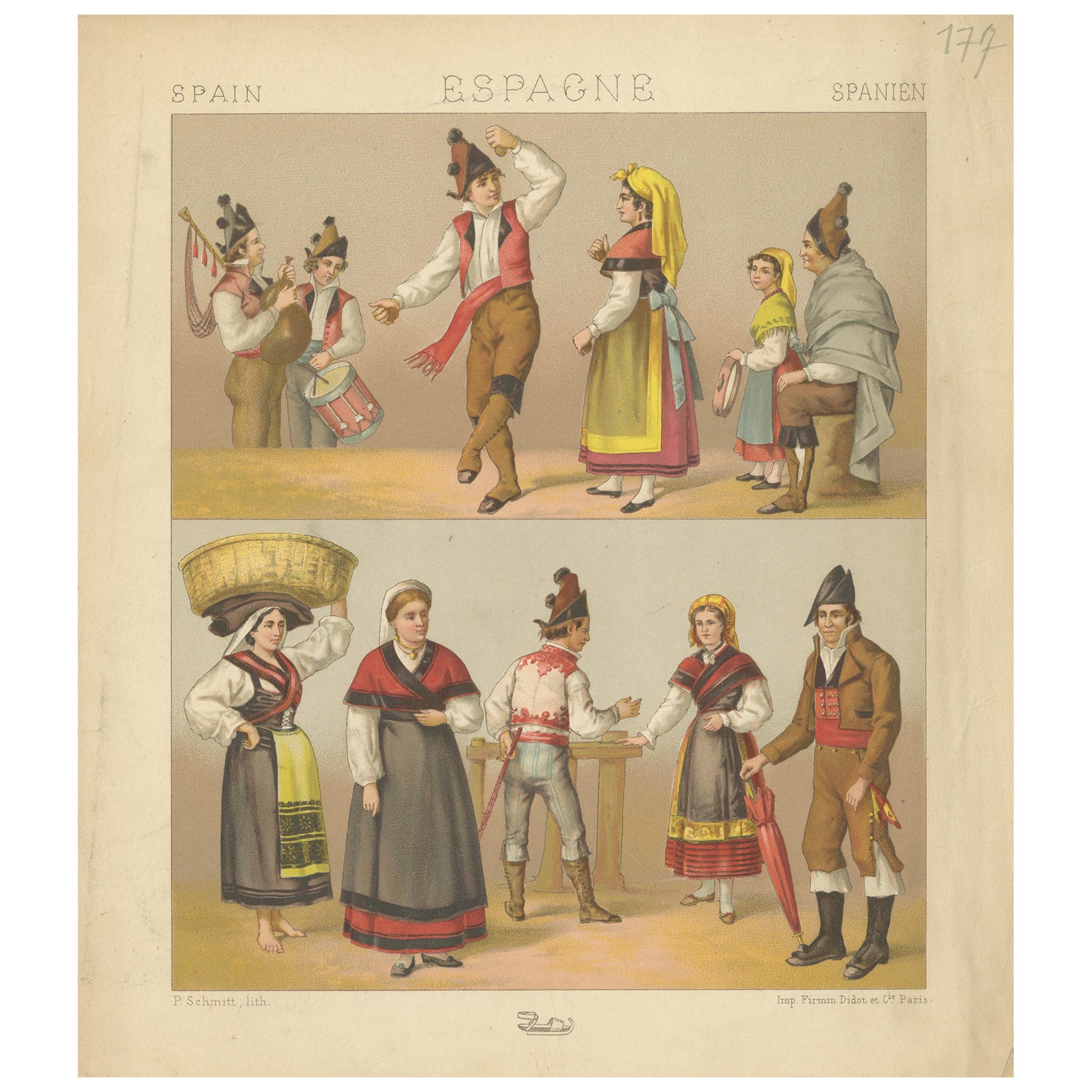 Pl. 177 Antique Print of Spanish Costumes by Racinet, 'circa 1880' For Sale