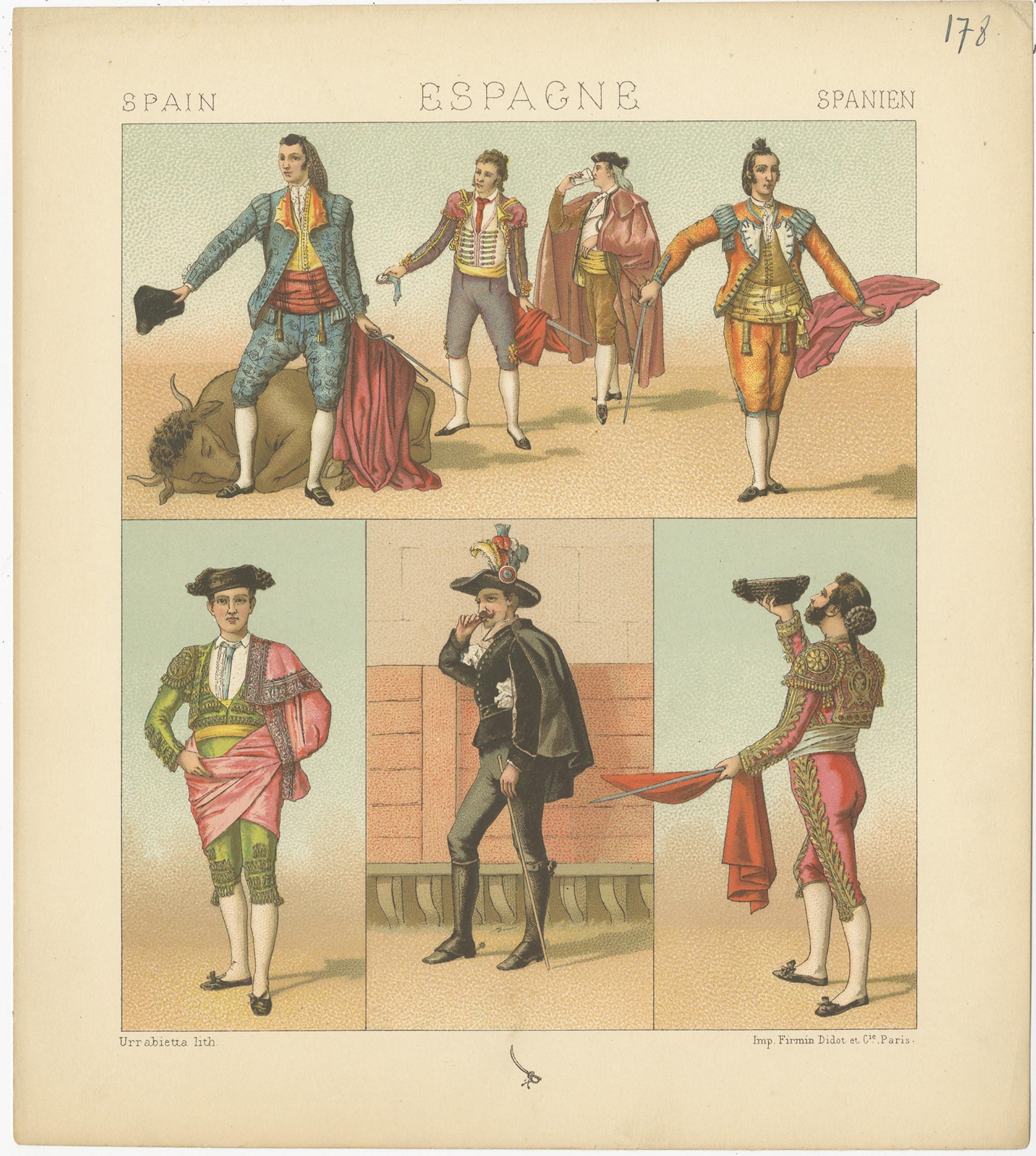 Antique print titled 'Spain - Espagne - Spanien'. Chromolithograph of Spanish Bullfighting costumes. This print originates from 'Le Costume Historique' by M.A. Racinet. Published, circa 1880.
    
    