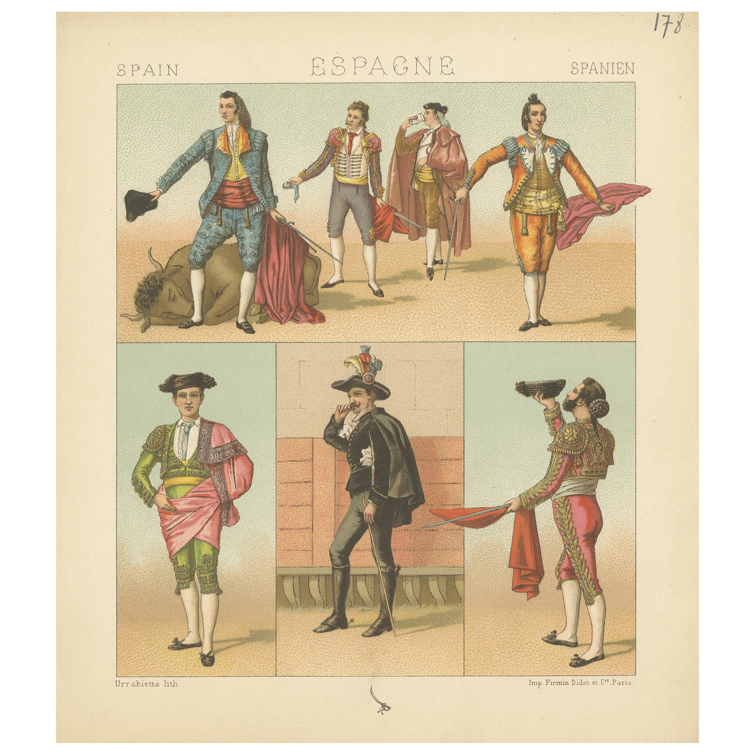 Pl. 178 Antique Print of Spanish Bullfighting Costumes by Racinet, 'circa 1880' For Sale