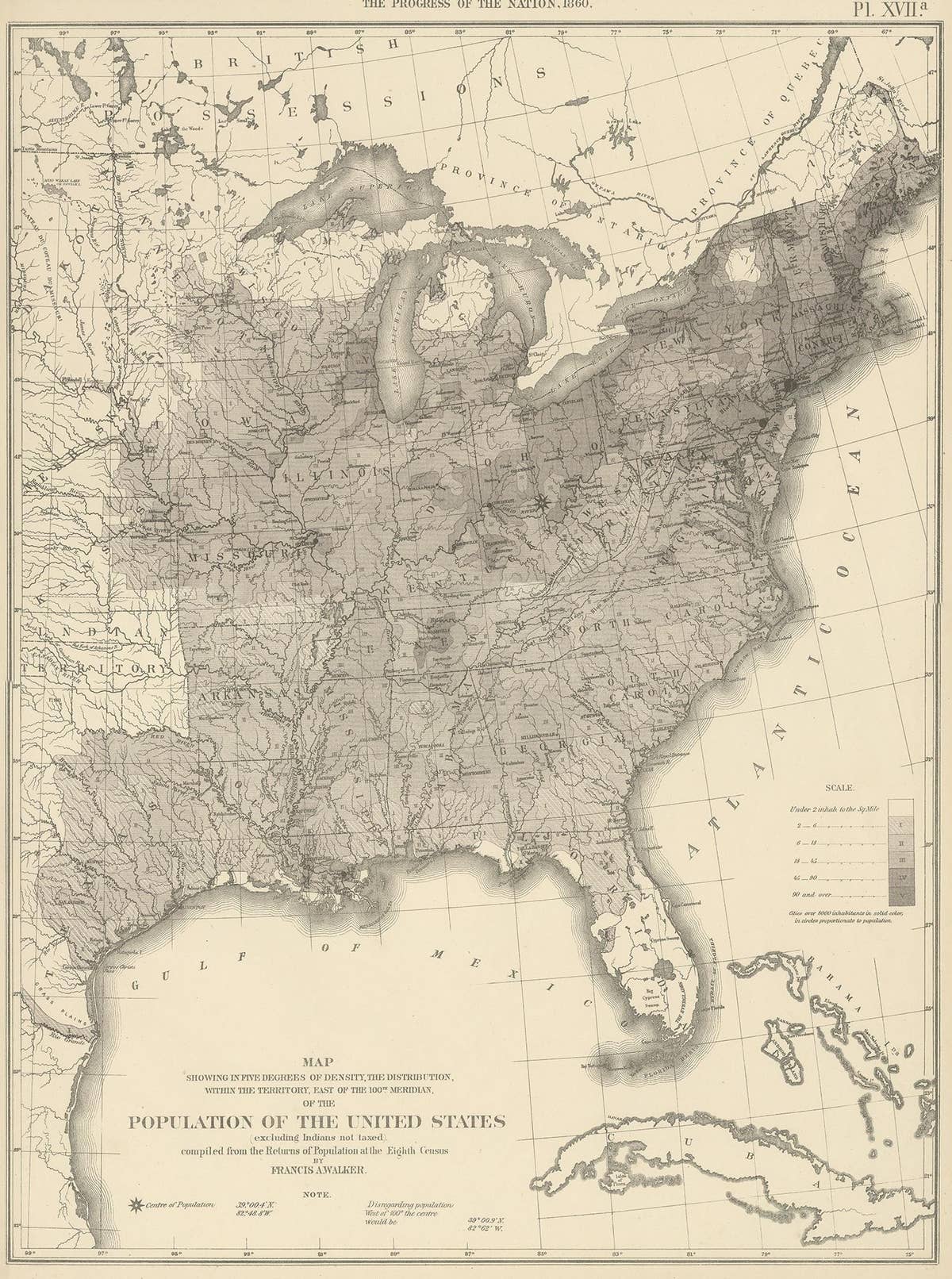 Pl. 17A Antique Chart of the US Population 1860 by Walker, '1874'