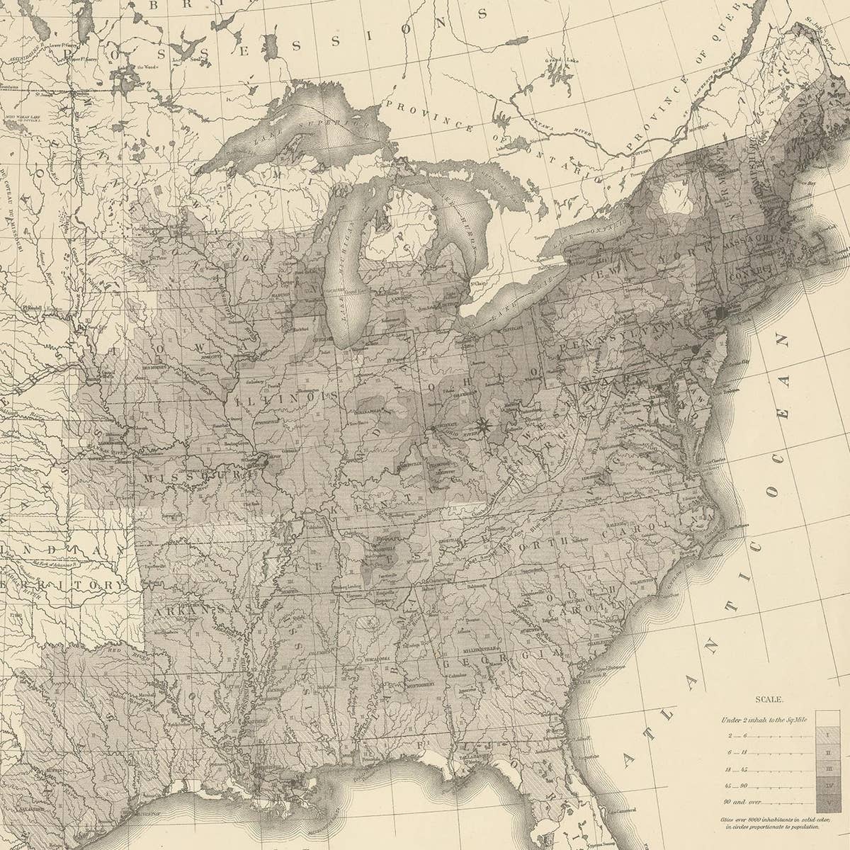 Pl. 17A Antique Chart of the US Population 1860 by Walker, '1874'